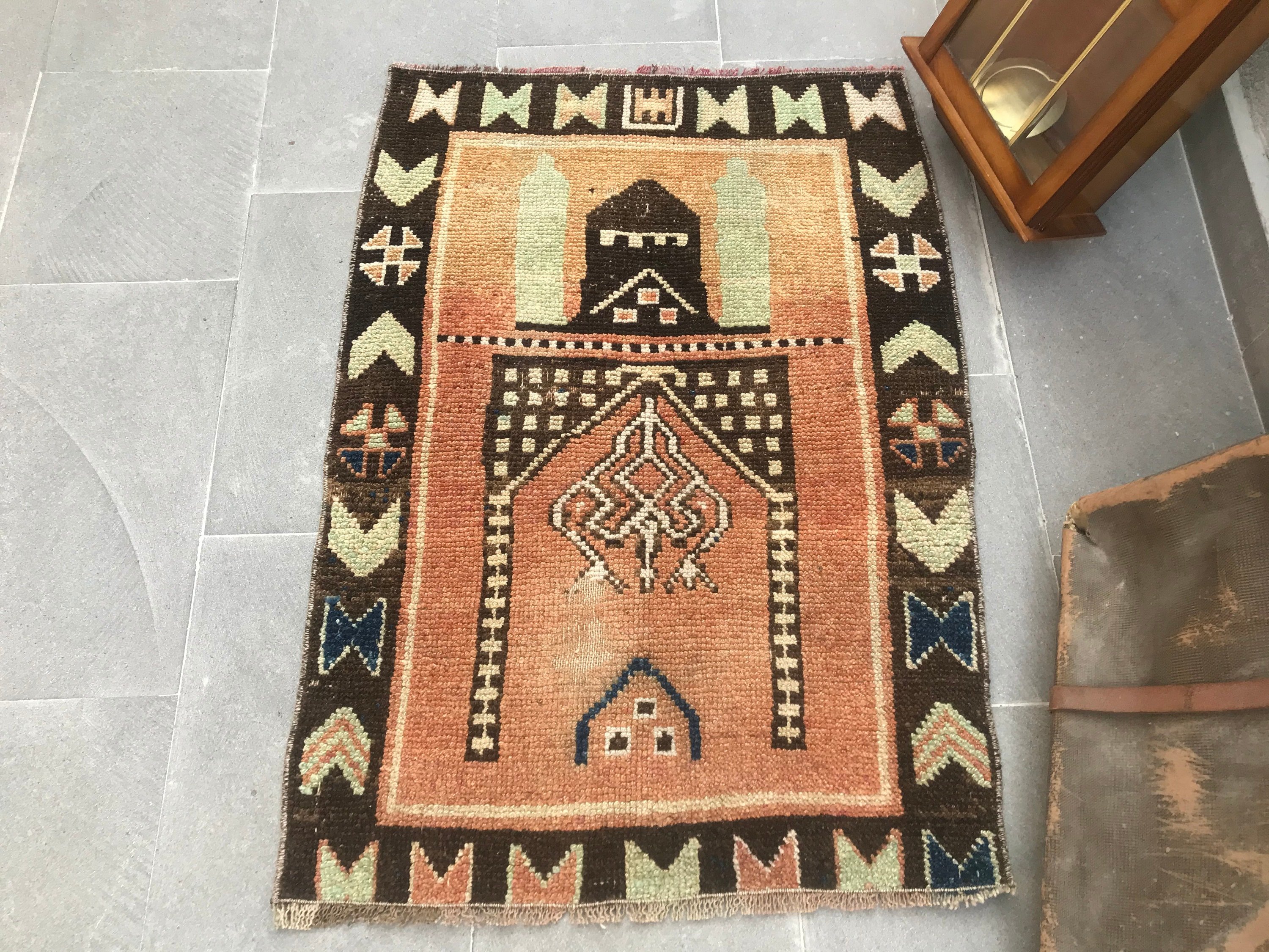 Vintage Halı, 2.4x3.3 ft Küçük Halı, Yatak Odası Halısı, Türk Halıları, Yün Halısı, Turuncu Oushak Halısı, Banyo Halıları, Mutfak Halısı