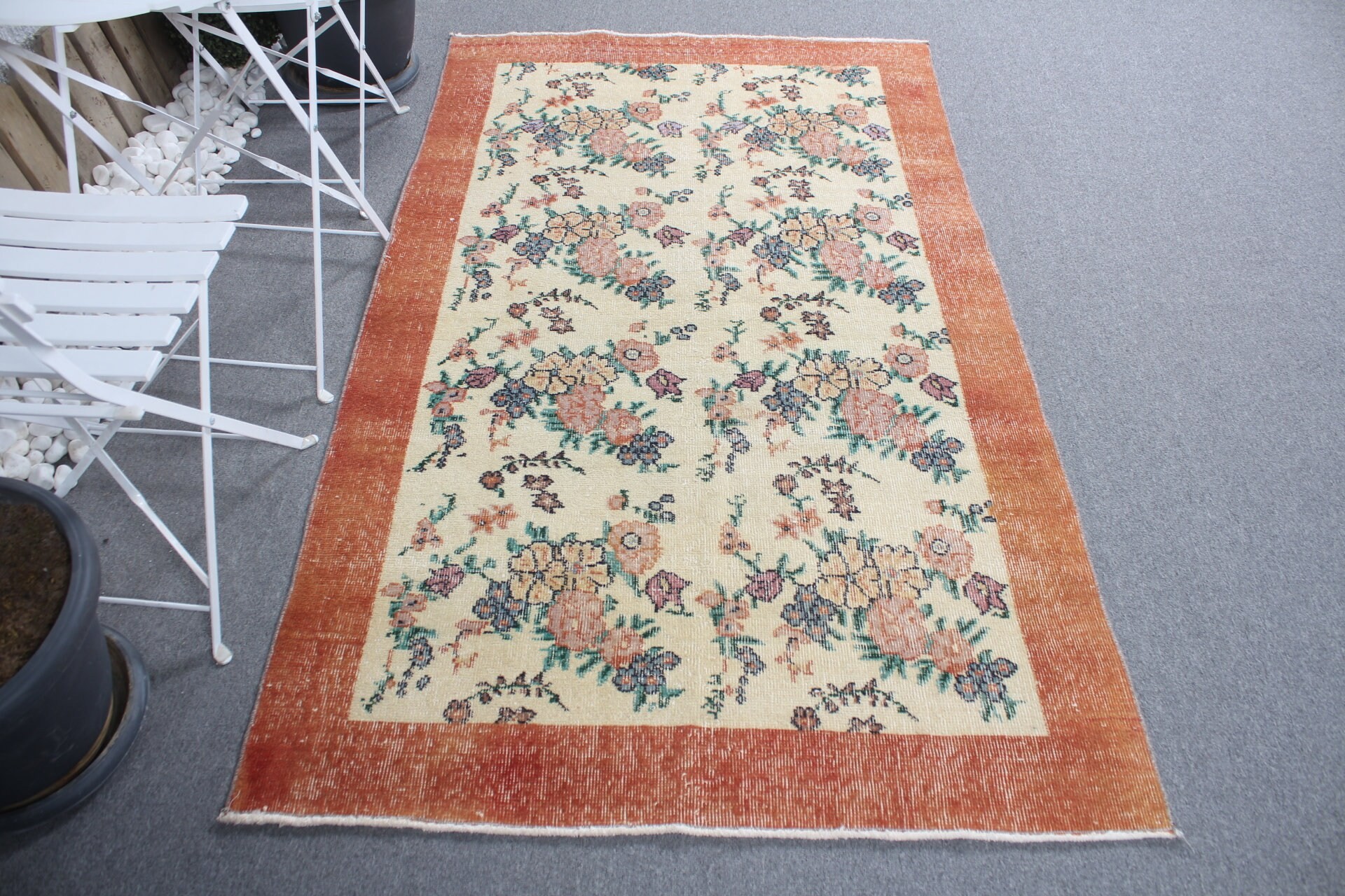 İç Mekan Halıları, 3,9x6,8 ft Alan Halısı, Vintage Halılar, Yün Halılar, Bej Oushak Halı, Mutfak Halıları, Soğuk Halılar, Yemek Odası Halısı, Türk Halıları