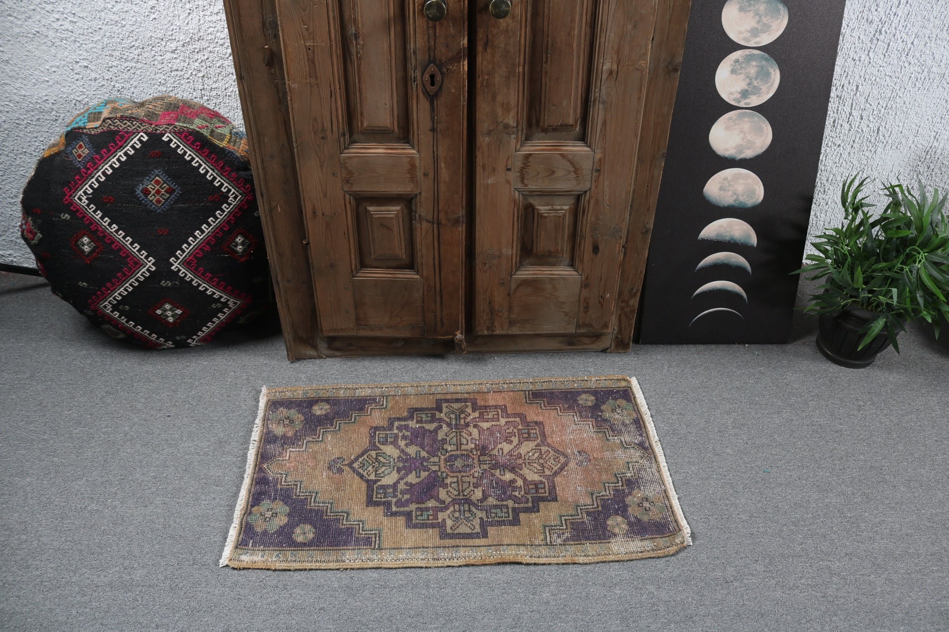 Kahverengi Beyan Halısı, Türk Halıları, 1.7x2.9 ft Küçük Halı, Küçük Vintage Halı, Banyo Halıları, Boho Halı, Beyan Halısı, Havalı Halılar, Vintage Halılar