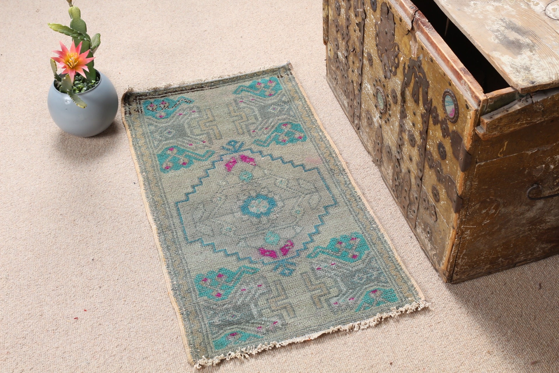 Green Bedroom Rug, 1.6x3 ft Small Rug, Vintage Rug, Turkish Rug, Kitchen Rug, Bathroom Rug, Rugs for Wall Hanging, Art Rug