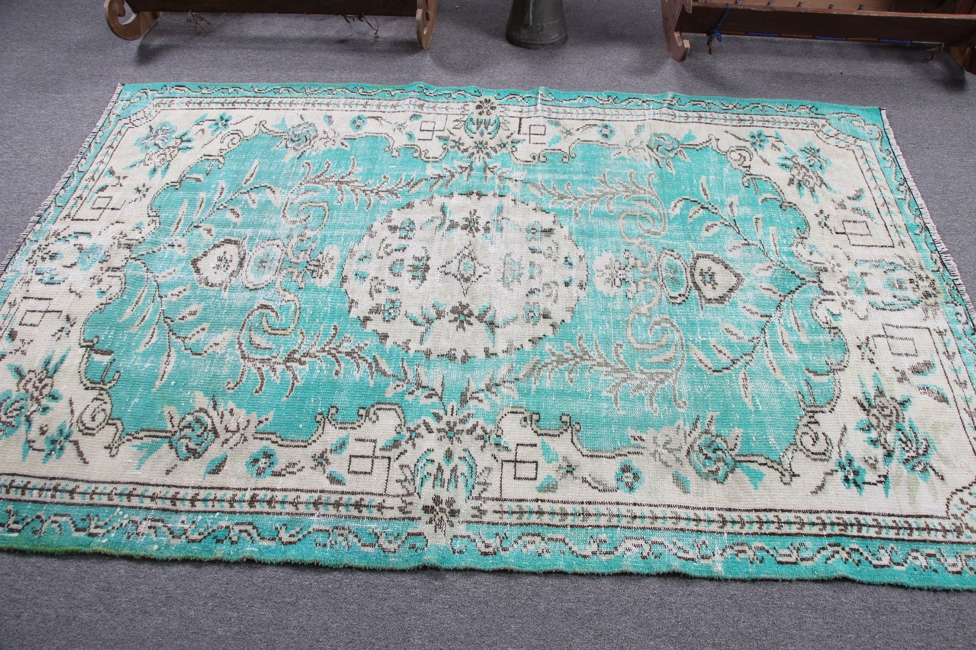 Bedroom Rugs, Retro Rug, Green Oriental Rugs, Dining Room Rug, Vintage Rug, Oushak Rug, 4.9x7.3 ft Area Rugs, Floor Rug, Turkish Rugs