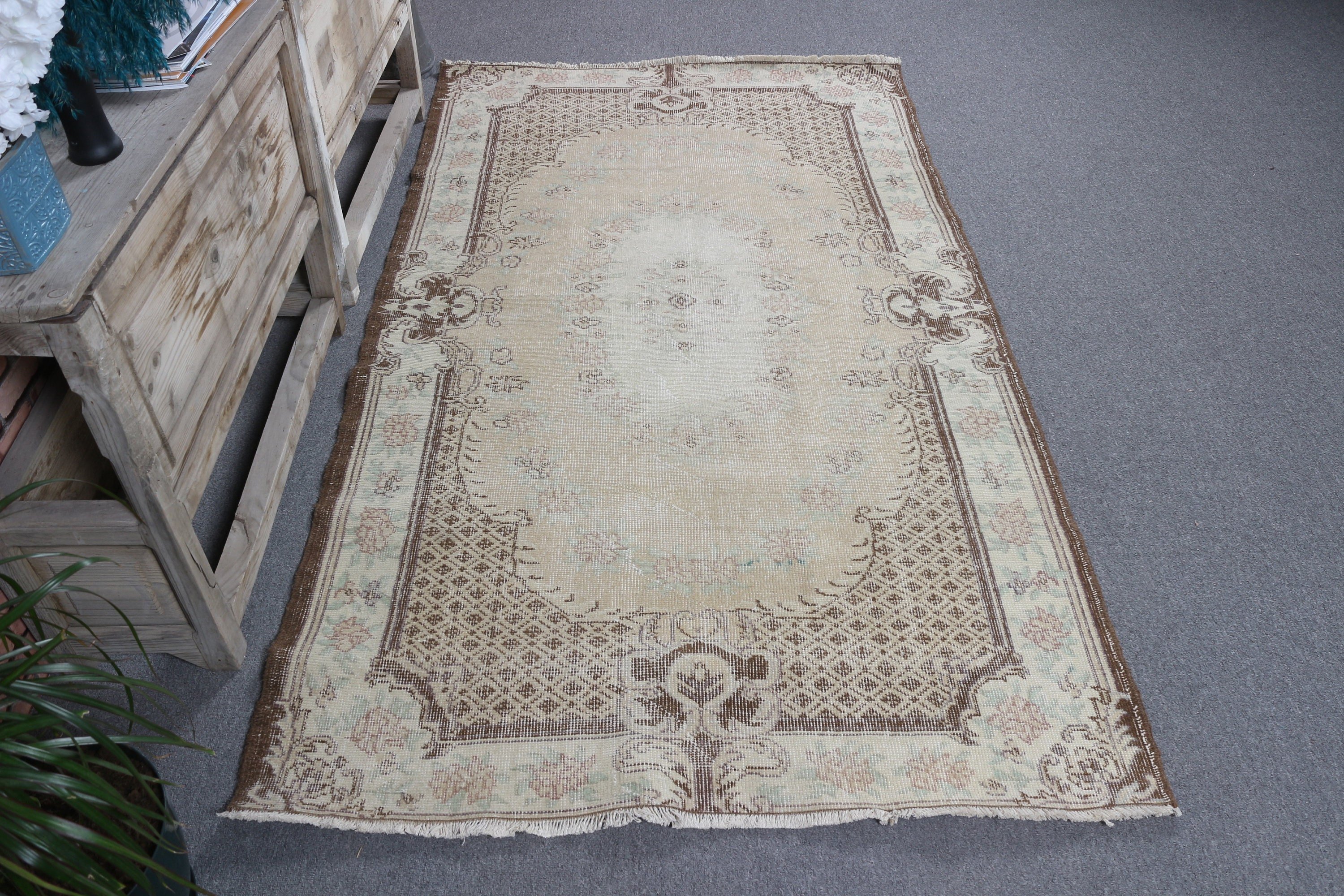 Türk Halıları, 3.9x6.9 ft Alan Halısı, Yer Halısı, Ev Dekorasyonu Halısı, Bej Anadolu Halısı, Boho Halıları, Vintage Halılar, Oturma Odası Halısı