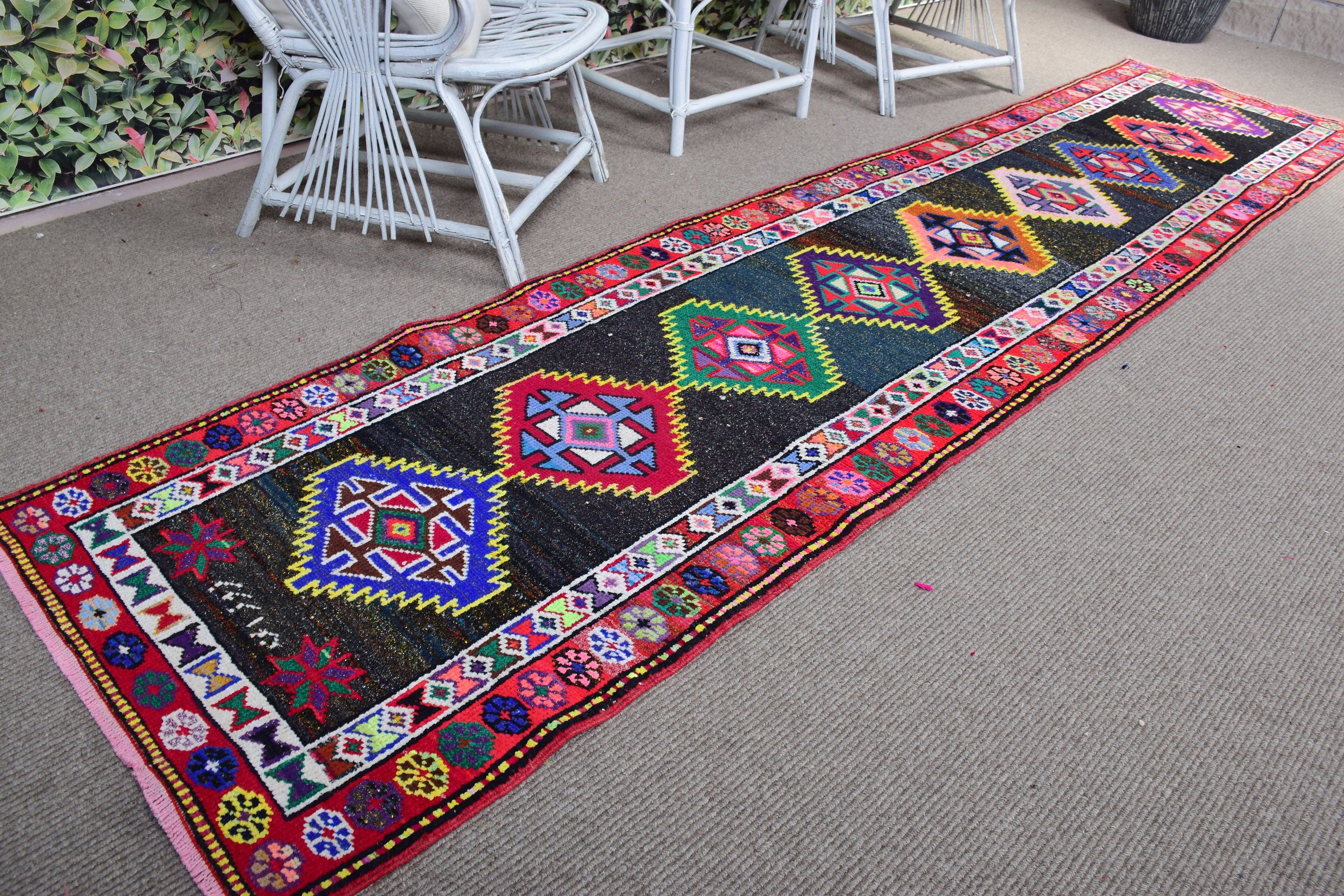 Vintage Rugs, Anatolian Rugs, 2.6x11.8 ft Runner Rug, Beni Ourain Runner Rugs, Home Decor Rugs, Floor Rug, Turkish Rug, Black Kitchen Rugs