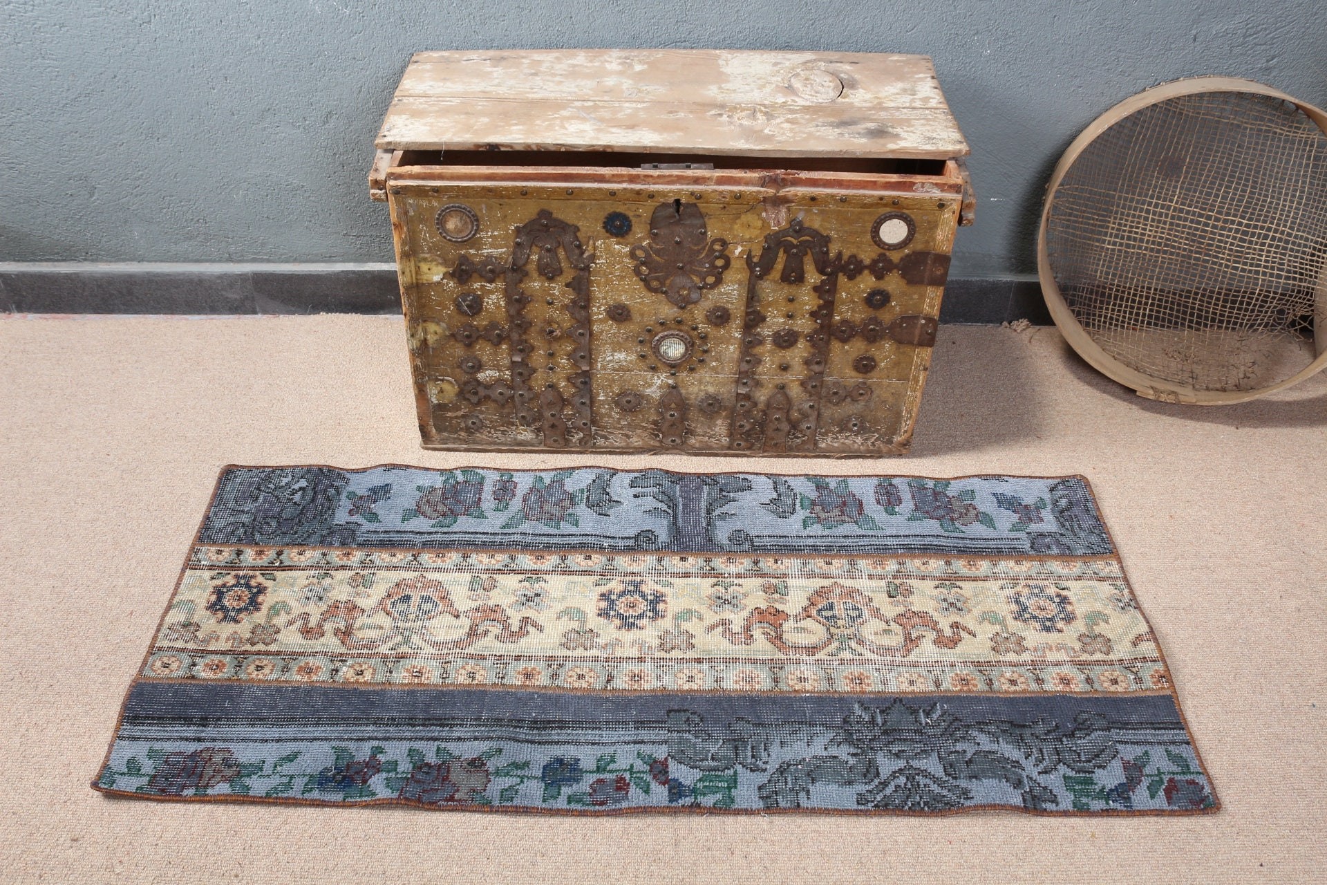 Gri Yün Halı, Oushak Halı, Türk Halıları, Araba Paspas Halısı, Mutfak Halısı, Yatak Odası Halıları, 2x4,6 ft Küçük Halı, Vintage Halılar