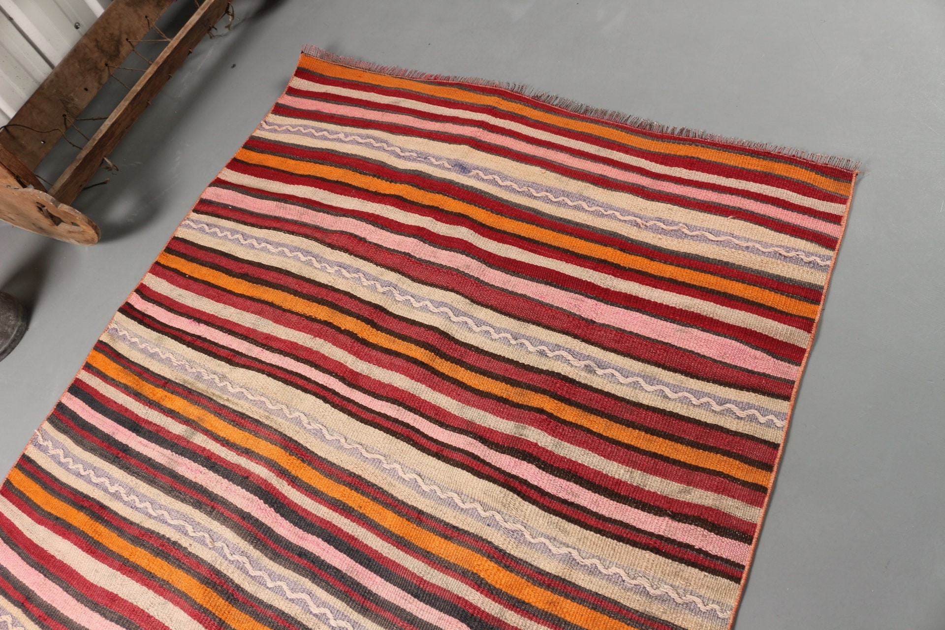 Mutfak Halısı, Yün Halı, 4.6x5.6 ft Alan Halısı, Vintage Halı, Yer Halıları, Kilim, Fas Halısı, Turuncu Antika Halı, Pastel Halılar, Türk Halıları