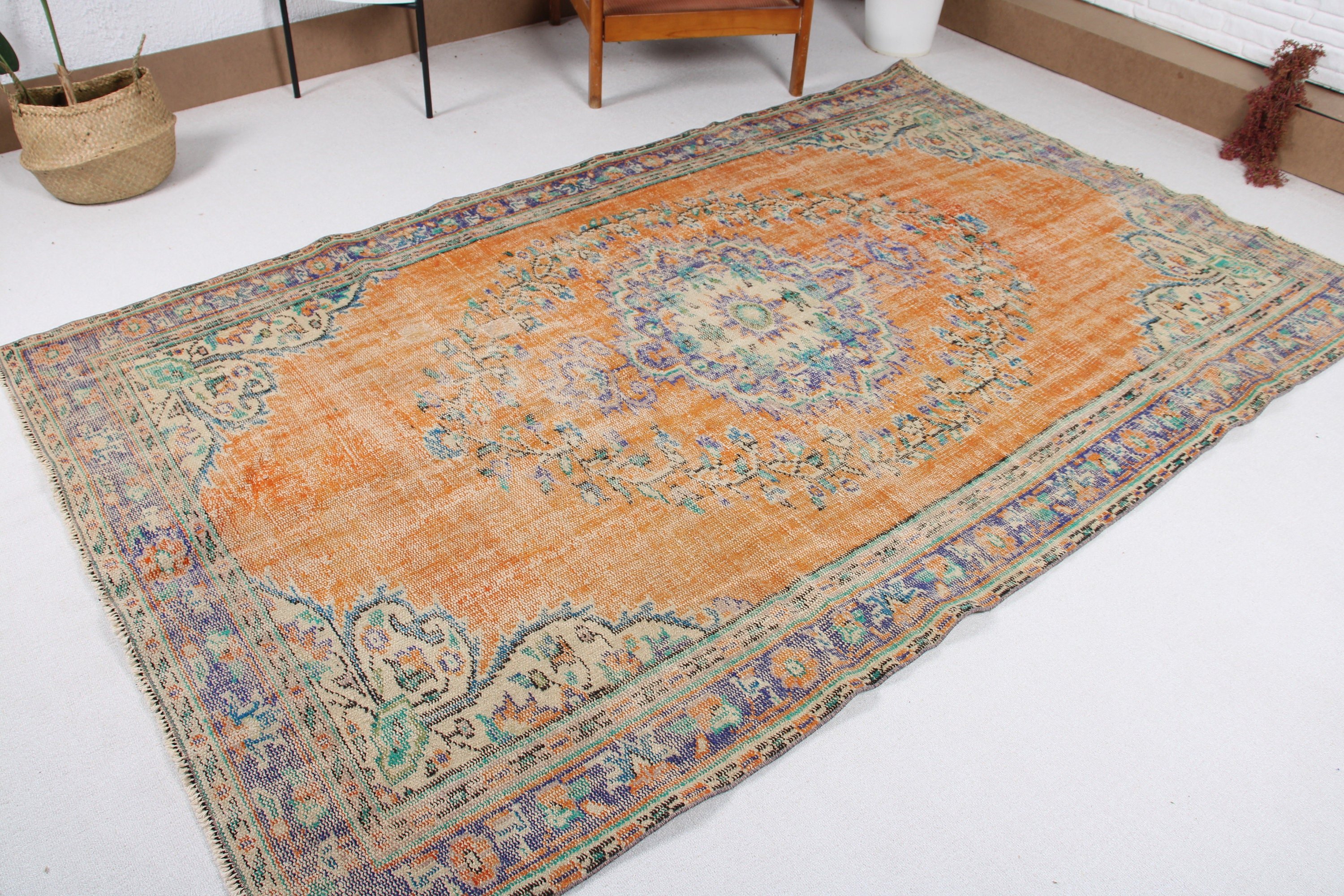 Açıklama Halısı, Büyük Vintage Halılar, 5.5x9.3 ft Büyük Halılar, Turuncu Oushak Halısı, Ev Dekorasyonu Halısı, Vintage Halılar, Yatak Odası Halıları, Türk Halısı