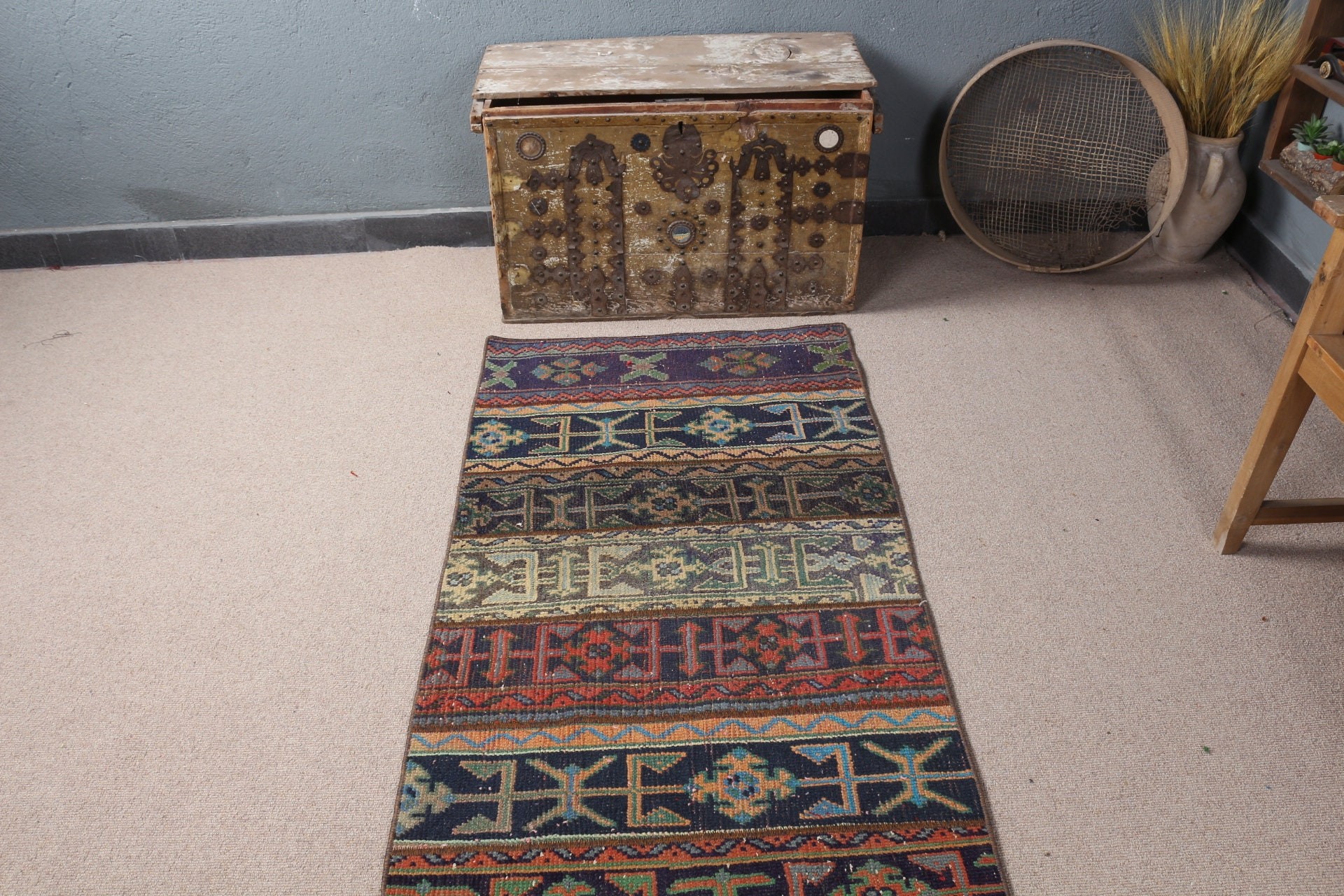 Blue Antique Rug, 2.6x10.4 ft Runner Rug, Turkish Rug, Stair Rug, Oushak Rugs, Vintage Rugs, Tribal Rugs, Corridor Rugs, Anatolian Rug