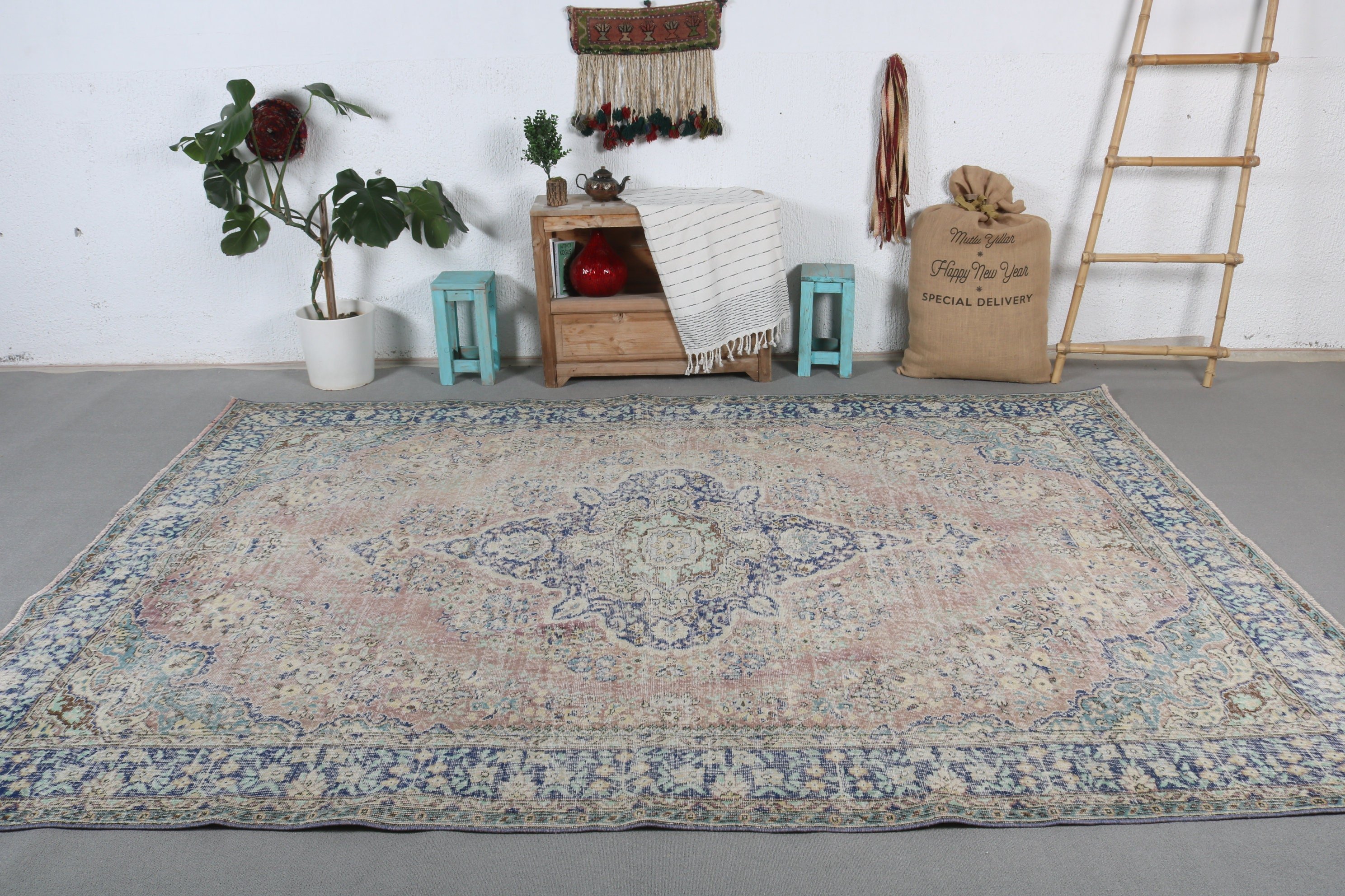 Floor Rug, Living Room Rug, 6.8x9.9 ft Large Rug, Vintage Rug, Bedroom Rug, Turkish Rugs, Pale Rugs, Blue Floor Rug, Rugs for Dining Room