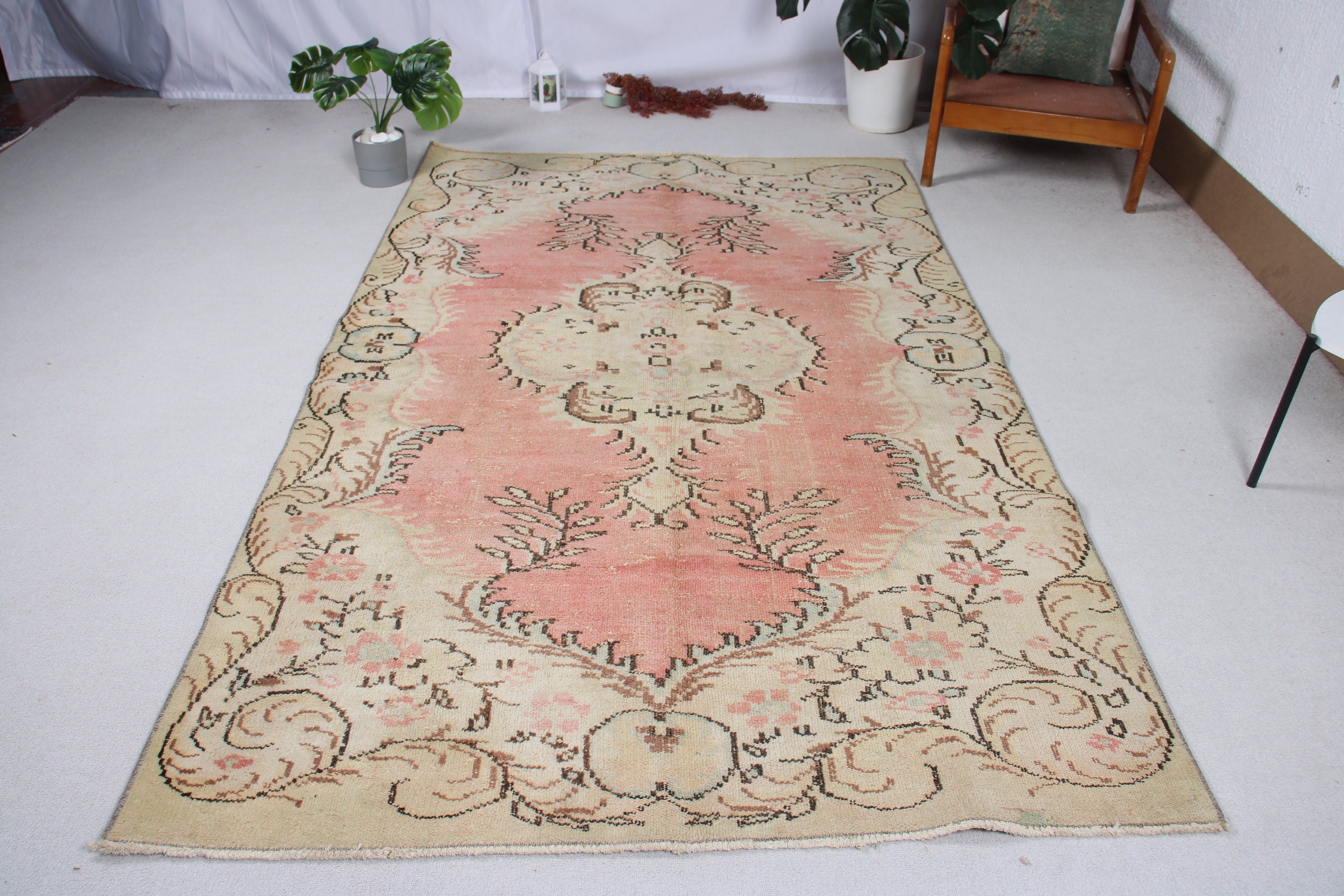 Lüks Halılar, Türk Halısı, 5.2x8.4 ft Büyük Halılar, Salon Halıları, Vintage Halı, Oushak Halıları, Pembe Geometrik Halı, Büyük Oushak Halısı, Modern Halı