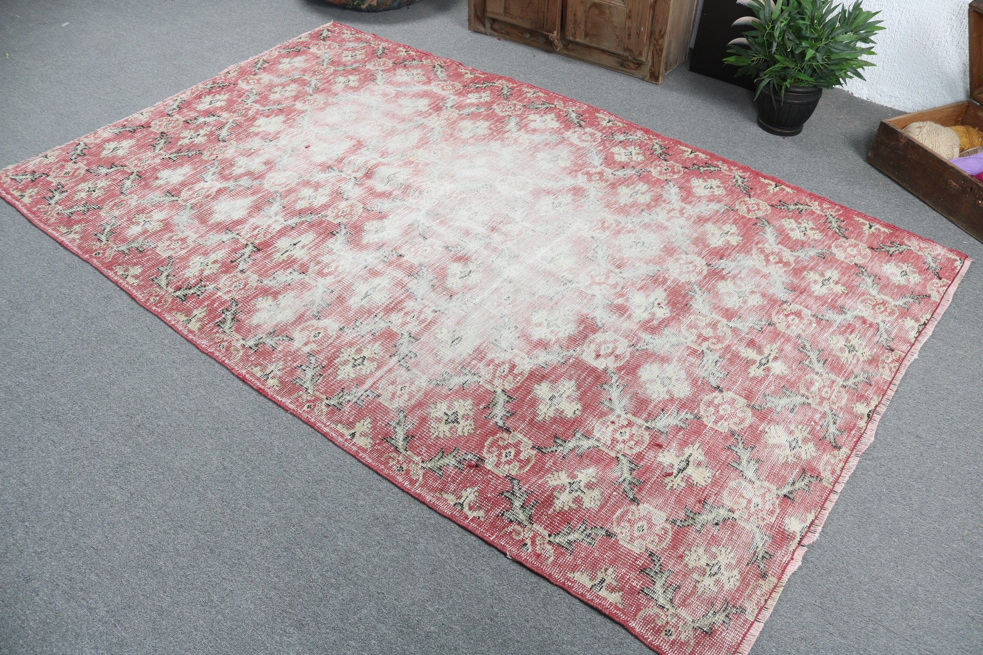 Açıklama Kilimi, El Dokuma Halı, Yemek Odası Halıları, Vintage Halı, Aztek Halısı, Türk Halısı, Kırmızı Antika Halılar, 5.1x8.2 ft Büyük Halı, Yatak Odası Halısı