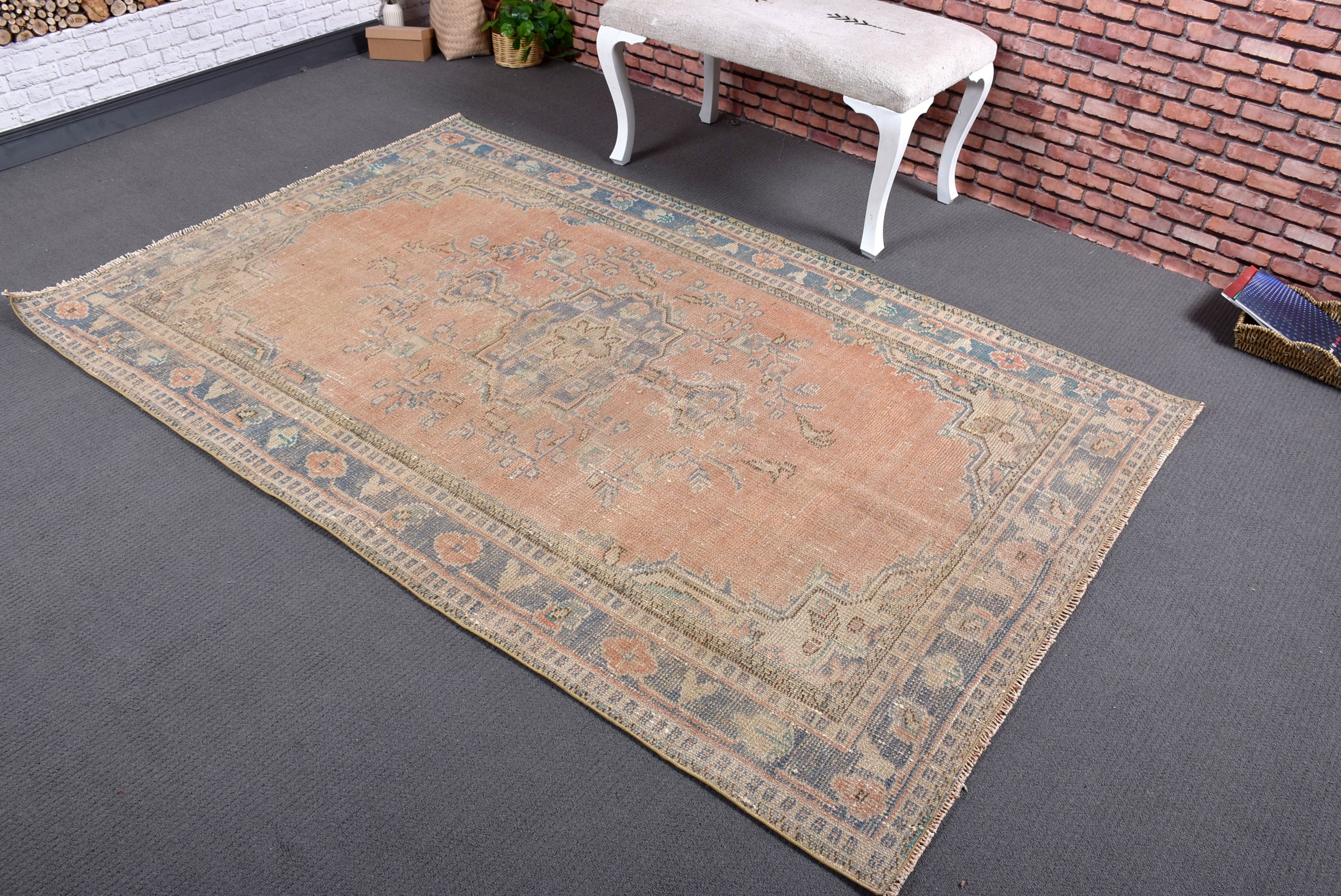 4.5x7.3 ft Area Rug, Dining Room Rug, Turkish Rugs, Organic Rugs, Neutral Rugs, Vintage Rugs, Orange Wool Rugs, Statement Rug, Bedroom Rugs