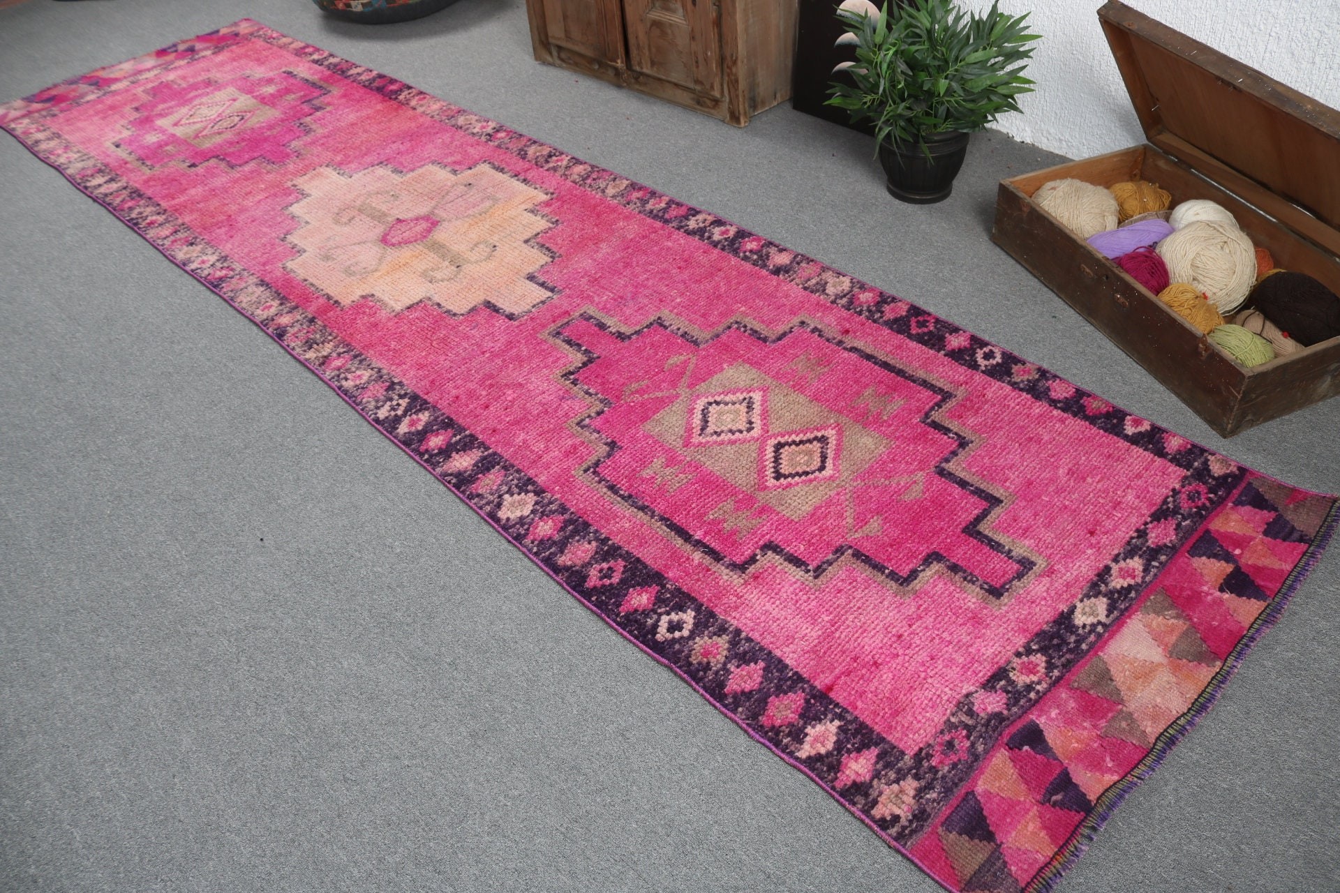 Vintage Rug, Decorative Rugs, 3.2x12.7 ft Runner Rug, Rugs for Stair, Turkish Rugs, Pink Statement Rug, Anatolian Rug, Stair Rug, Wool Rug