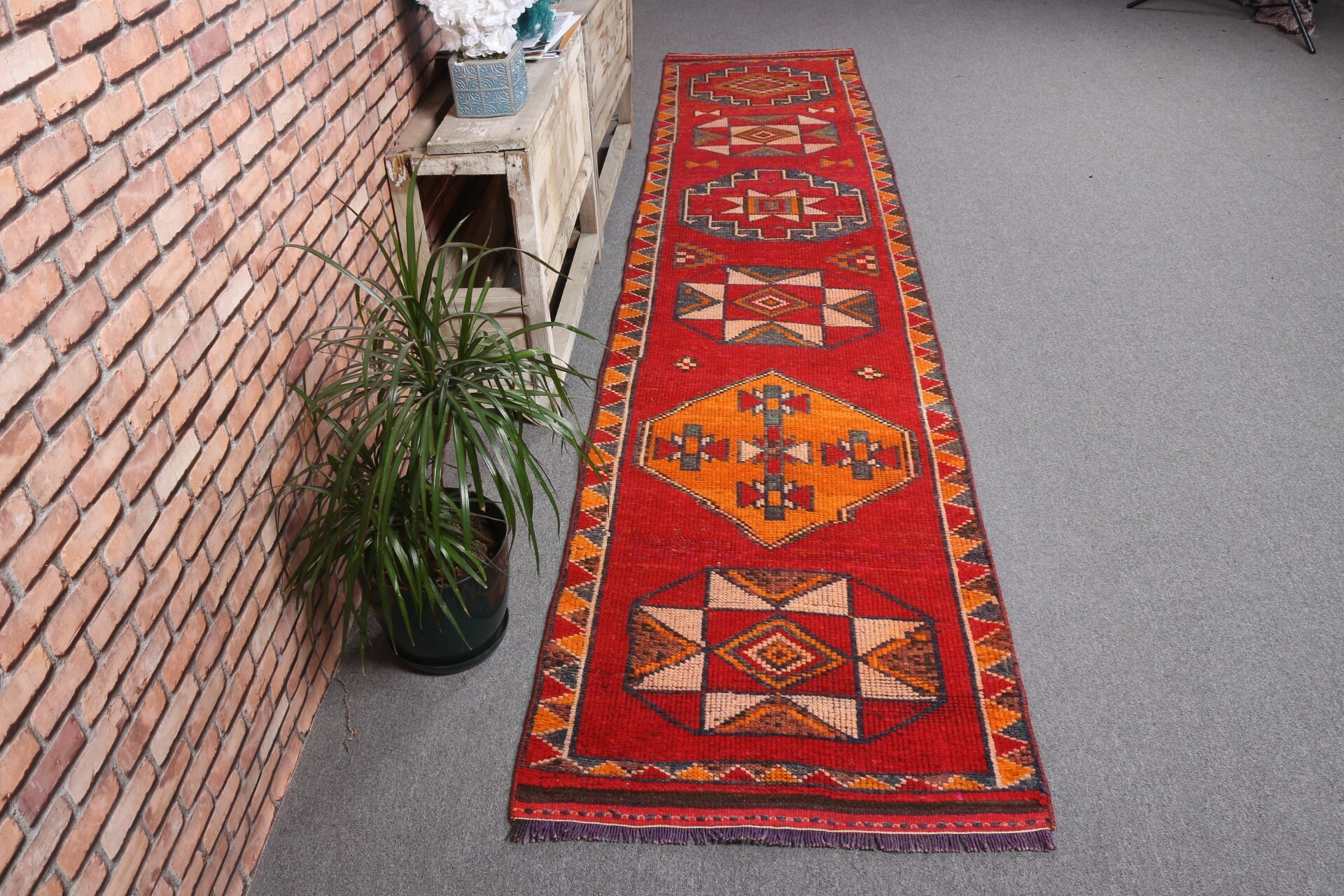 Vintage Rug, Red Home Decor Rug, Turkish Rugs, Floor Rug, 2.5x11.6 ft Runner Rug, Rugs for Kitchen, Corridor Rug, Antique Rug, Stair Rugs