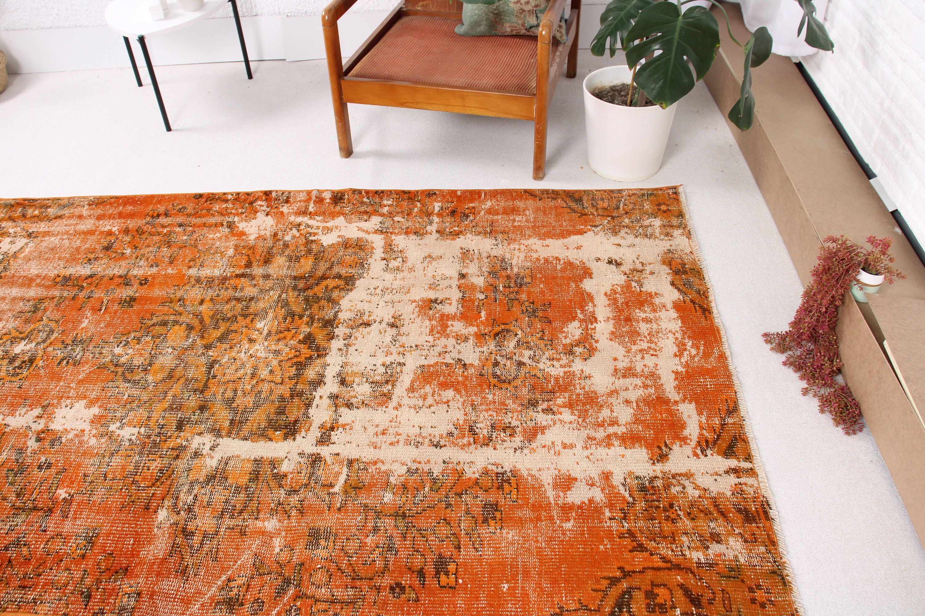 Vintage Rugs, Aztec Rugs, Boho Rug, Turkish Rug, Kitchen Rugs, 4.4x7.2 ft Area Rugs, Wool Rug, Vintage Area Rug, Orange Anatolian Rugs