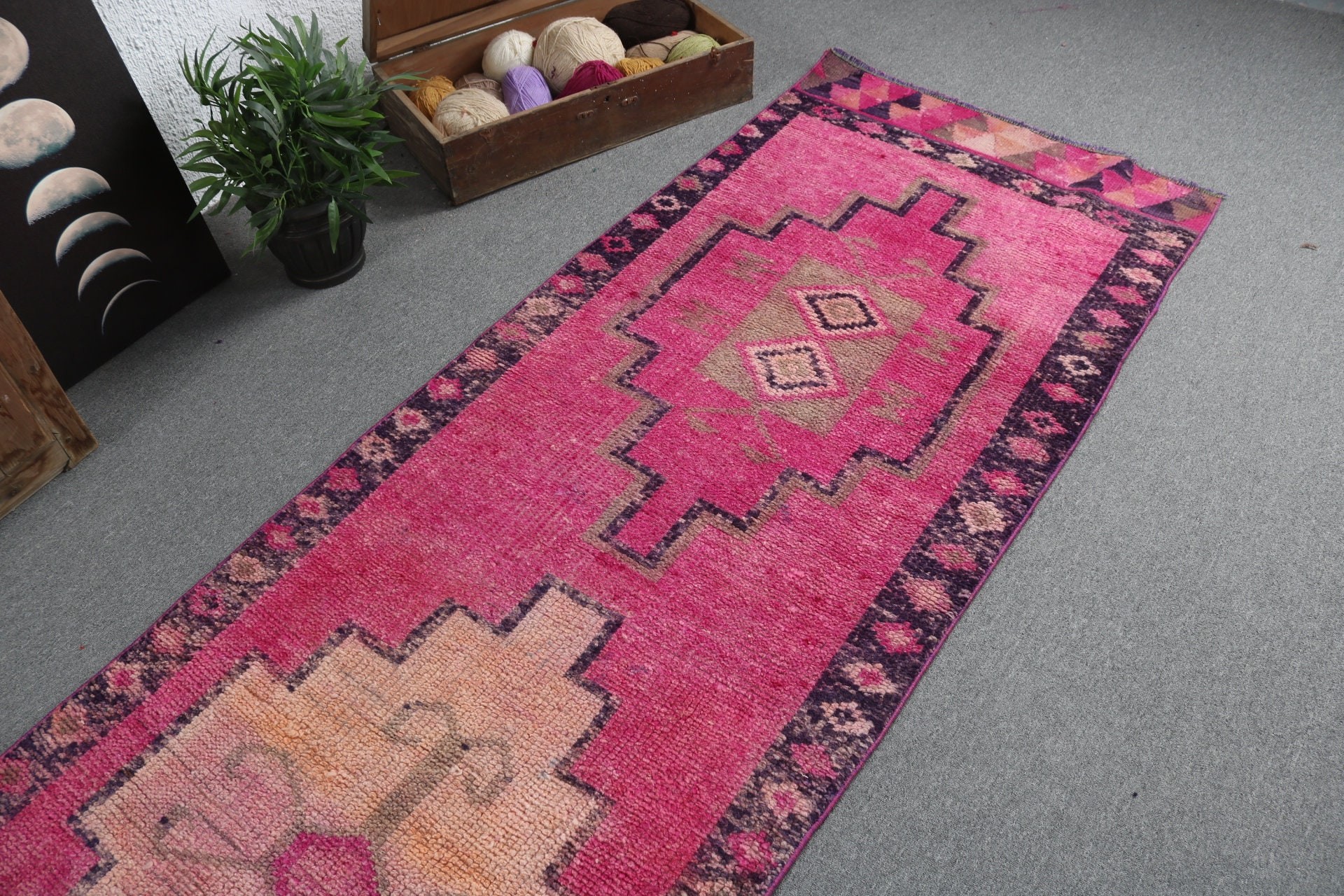 Vintage Rug, Decorative Rugs, 3.2x12.7 ft Runner Rug, Rugs for Stair, Turkish Rugs, Pink Statement Rug, Anatolian Rug, Stair Rug, Wool Rug