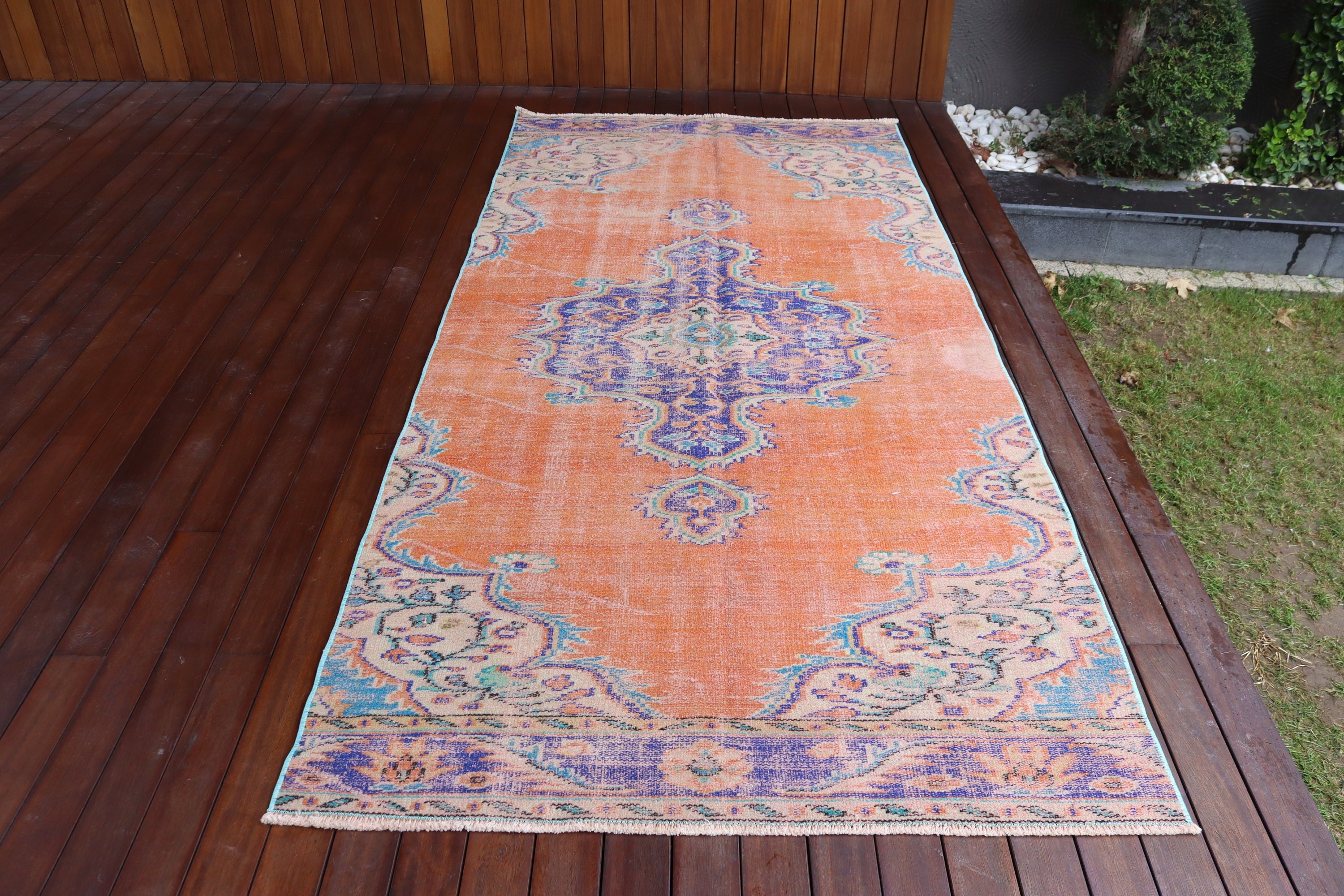 Yemek Odası Halısı, Vintage Halı, Nötr Halılar, Türk Halısı, Turuncu 4.2x9 ft Alan Halıları, Oryantal Halı, Oushak Alan Halıları