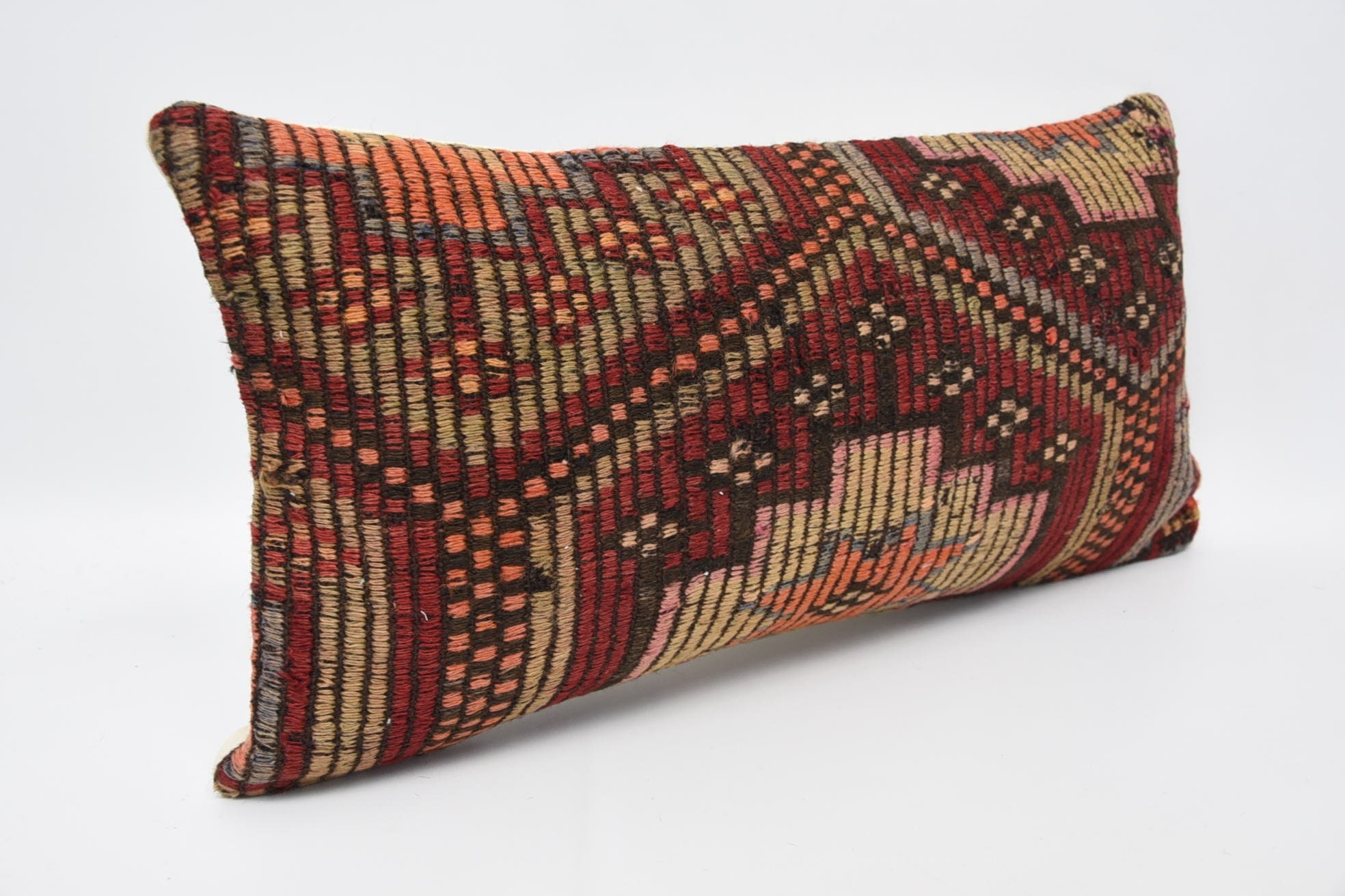 Kilim Pillow, 12"x24" Red Cushion, Handmade Pillow Cover, Kilim Pillow Cover, Turkish Kilim Pillow, Retro Cushion Case