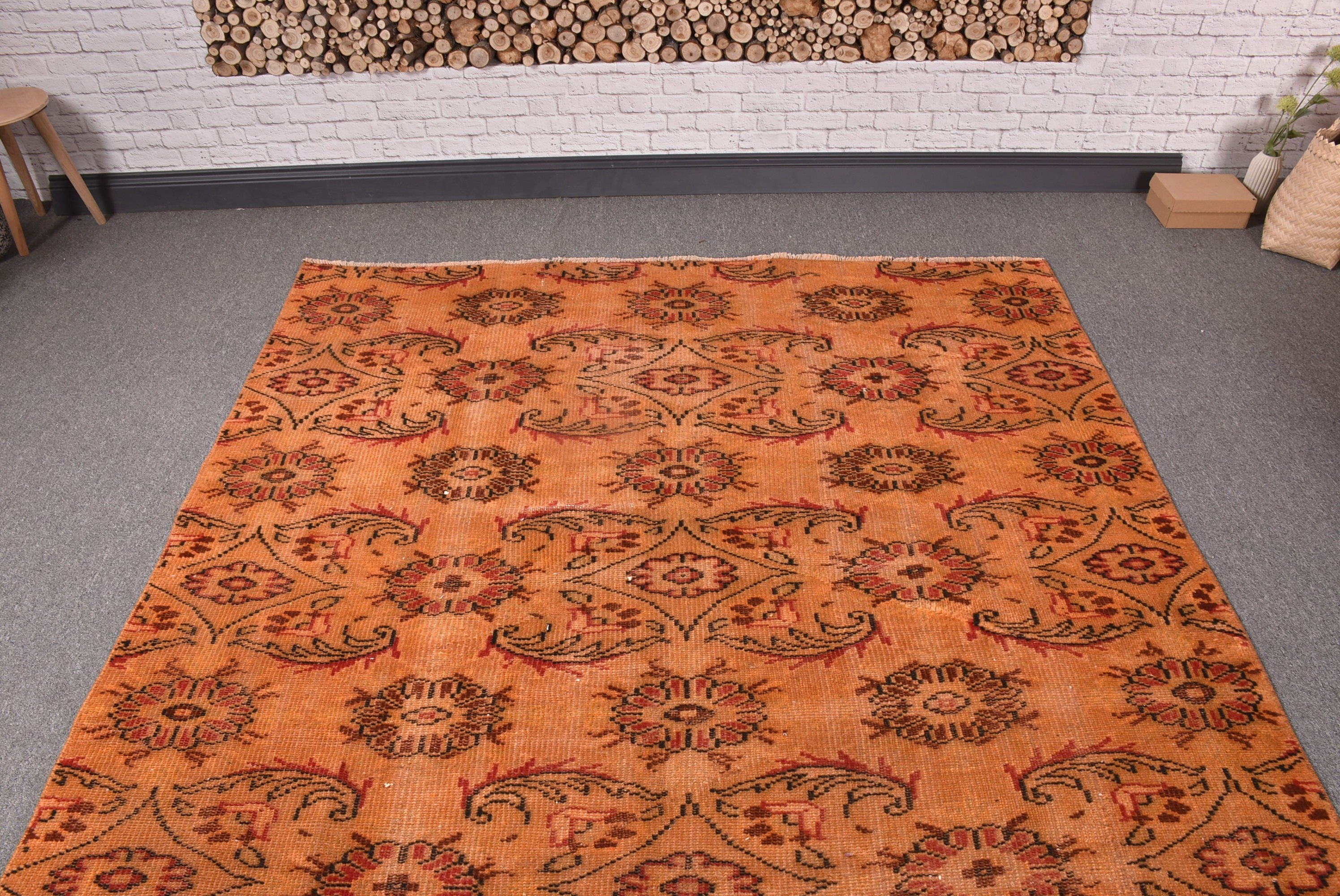 Floor Rug, Handwoven Rug, Turkish Rugs, Bedroom Rugs, Salon Rugs, Aesthetic Rug, 5.8x8.6 ft Large Rug, Vintage Rugs, Orange Statement Rugs