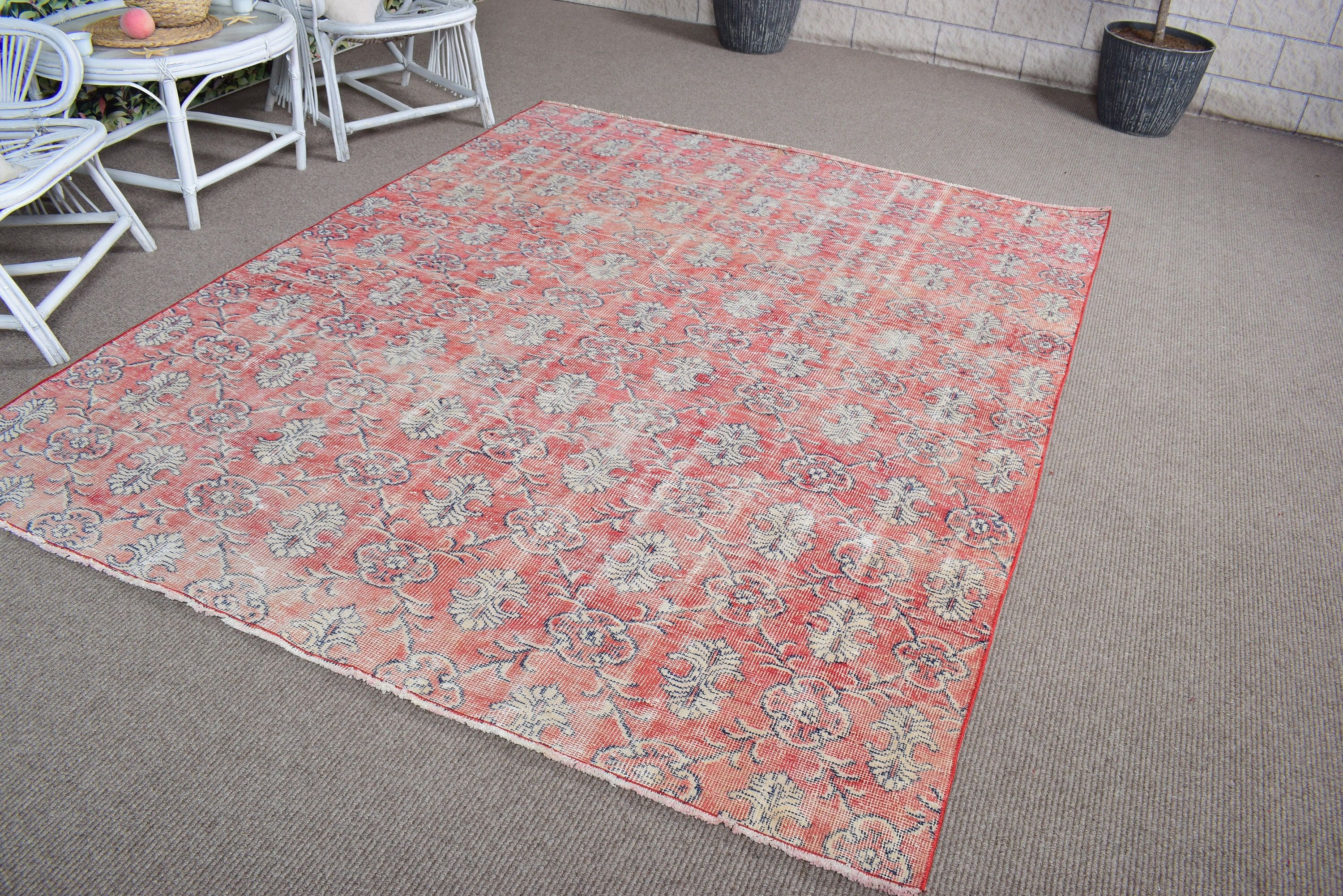 Kitchen Rug, Dining Room Rug, Vintage Rug, Office Rug, 6.2x7.9 ft Large Rug, Salon Rug, Red Luxury Rugs, Bedroom Rugs, Turkish Rug