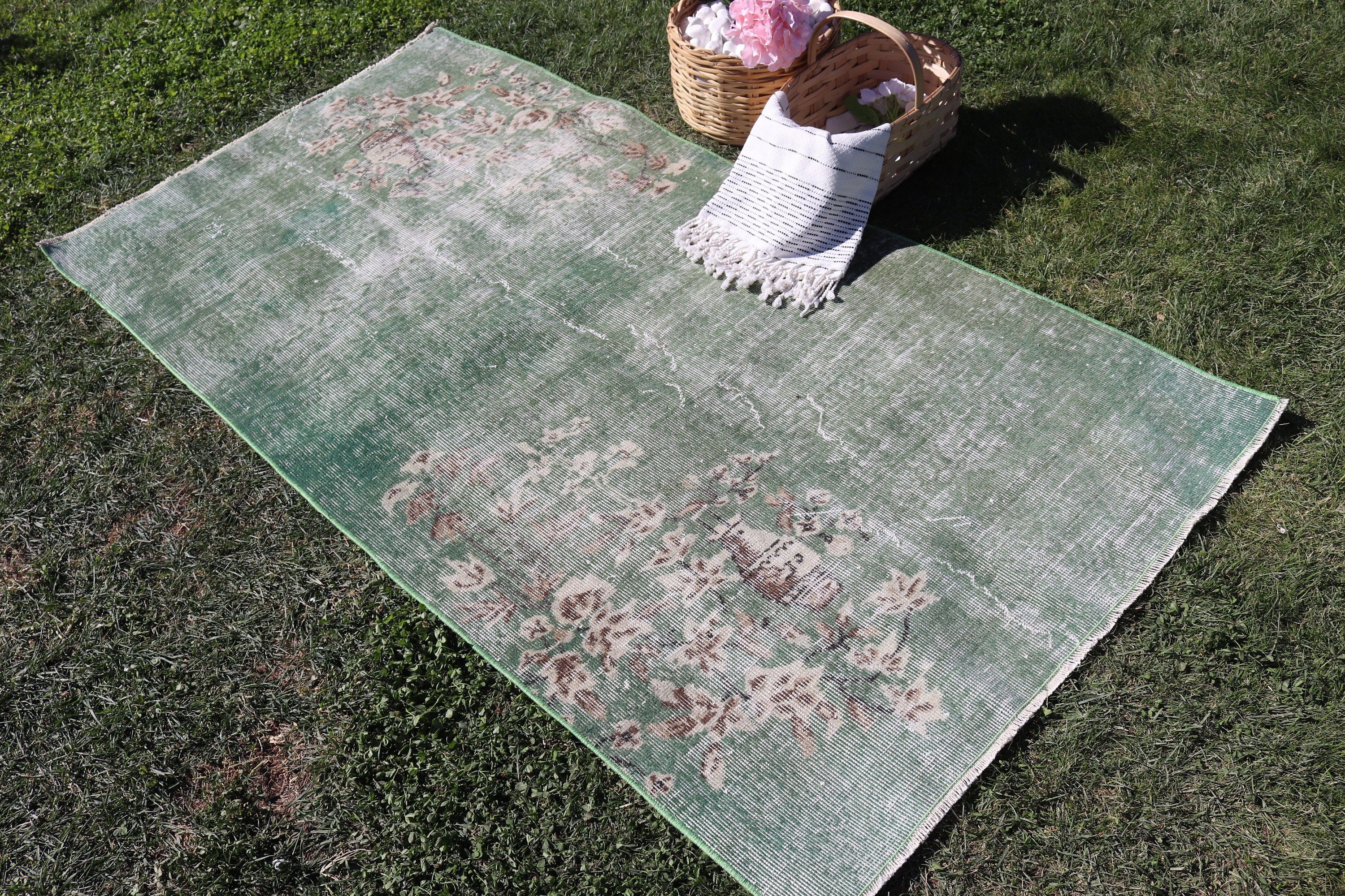 Decorative Rug, Vintage Rug, Boho Rugs, Green Home Decor Rugs, 3.4x6.5 ft Accent Rugs, Boho Accent Rug, Turkish Rug, Bedroom Rug, Aztec Rug