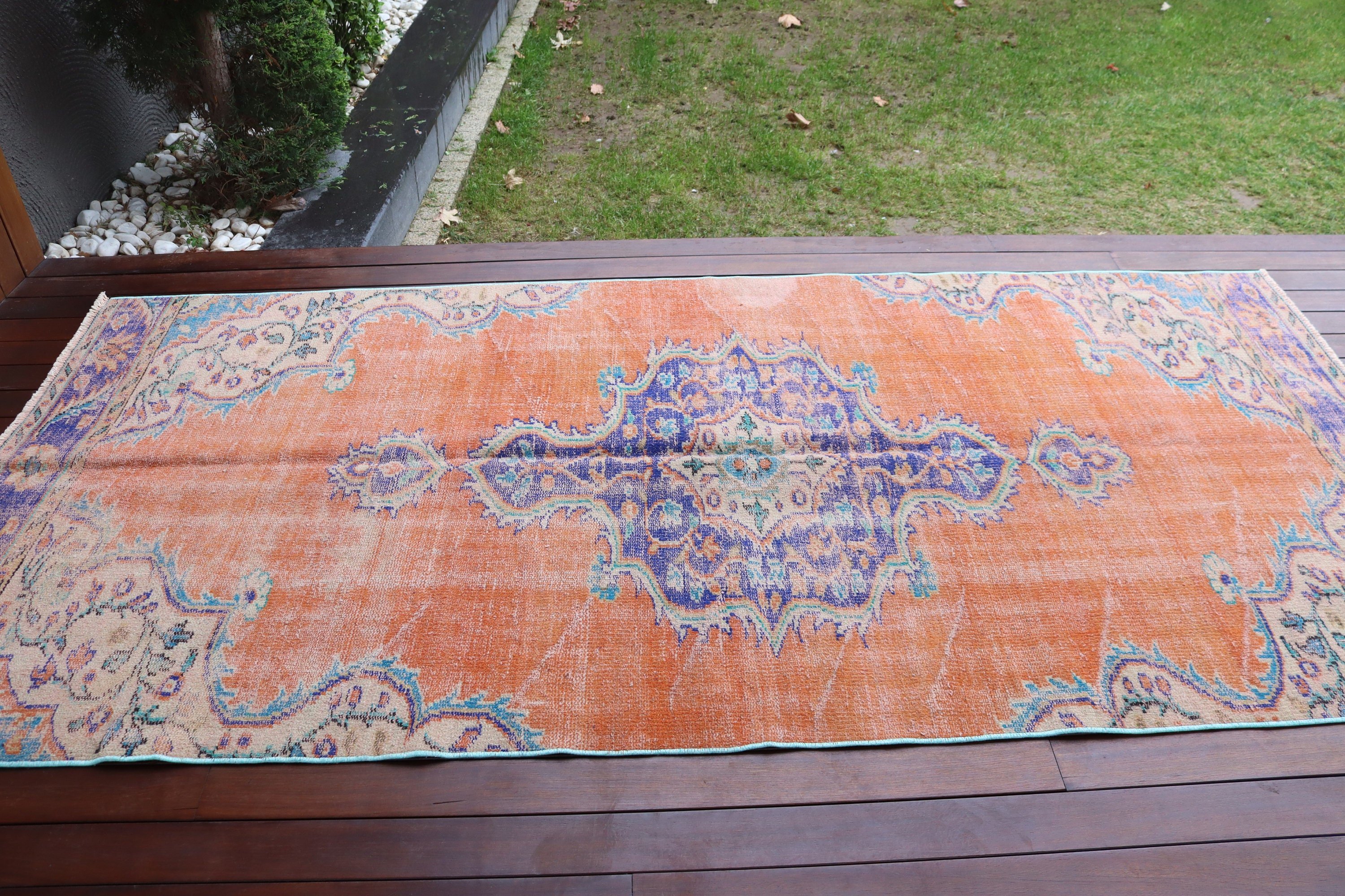 Yemek Odası Halısı, Vintage Halı, Nötr Halılar, Türk Halısı, Turuncu 4.2x9 ft Alan Halıları, Oryantal Halı, Oushak Alan Halıları