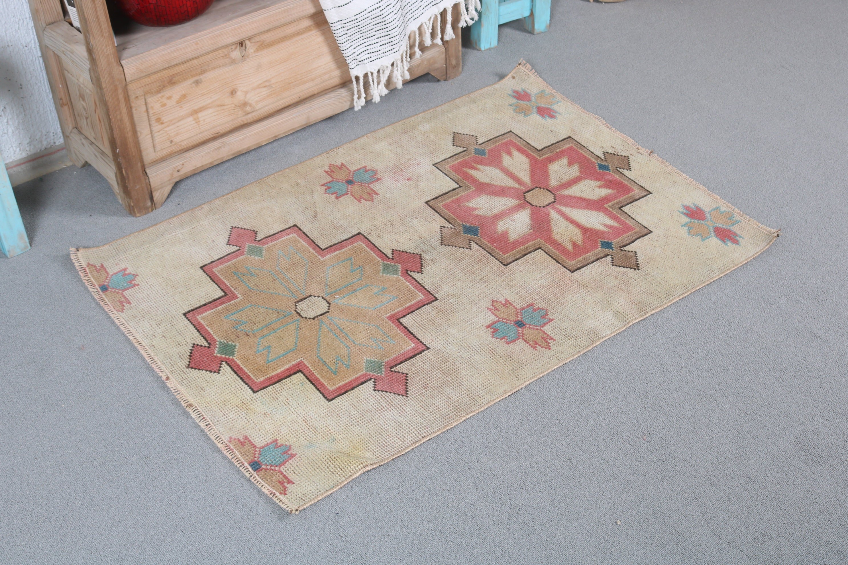 Turkish Rug, Boho Rug, Floor Rug, Rugs for Door Mat, Vintage Rugs, Bathroom Rugs, Beige Oushak Rug, 2.4x3.4 ft Small Rugs, Kitchen Rugs