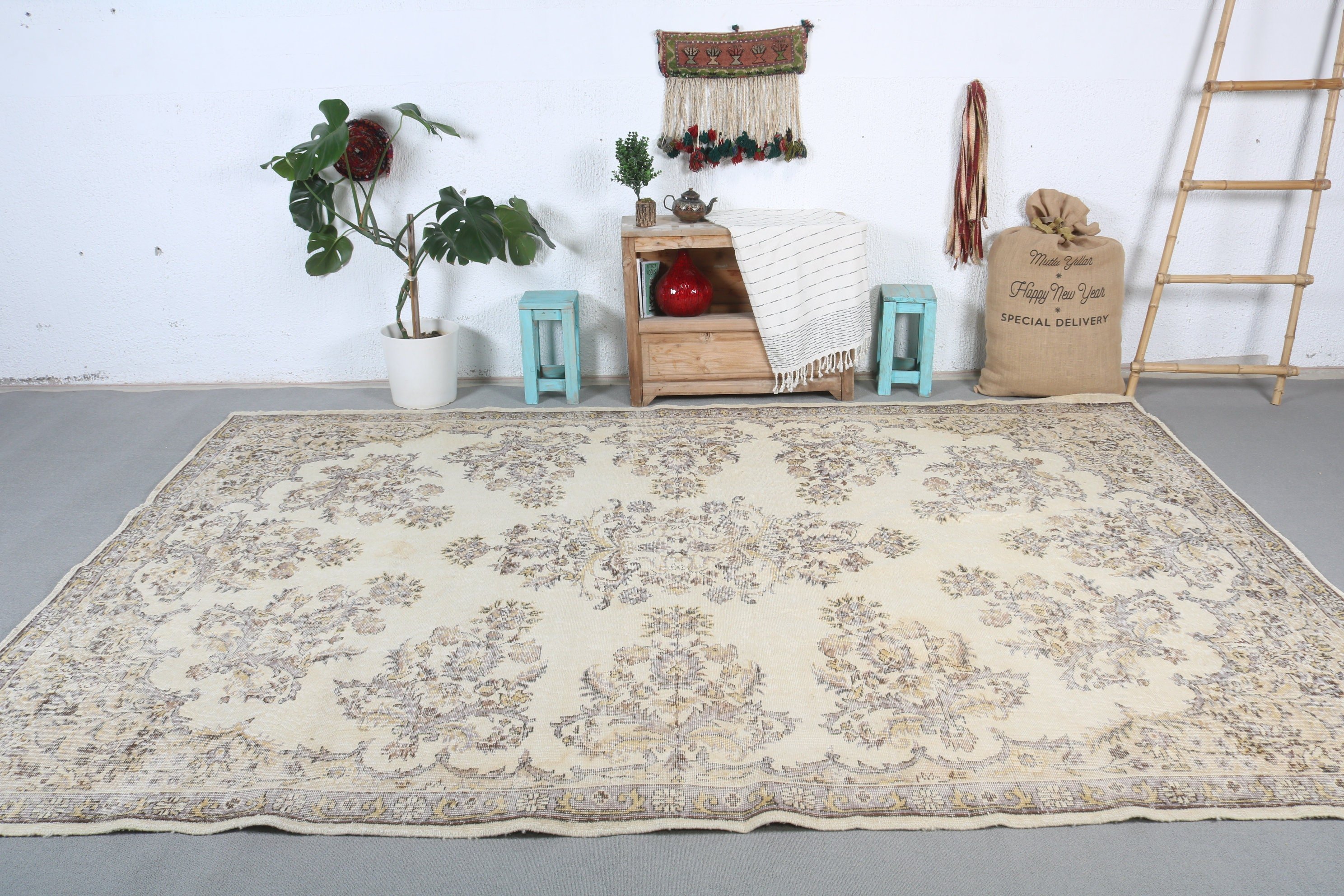 Oriental Rug, 7.2x10.7 ft Oversize Rug, Living Room Rug, Vintage Rugs, Brown Wool Rug, Turkish Rug, Bedroom Rug, Bohemian Rug, Saloon Rugs