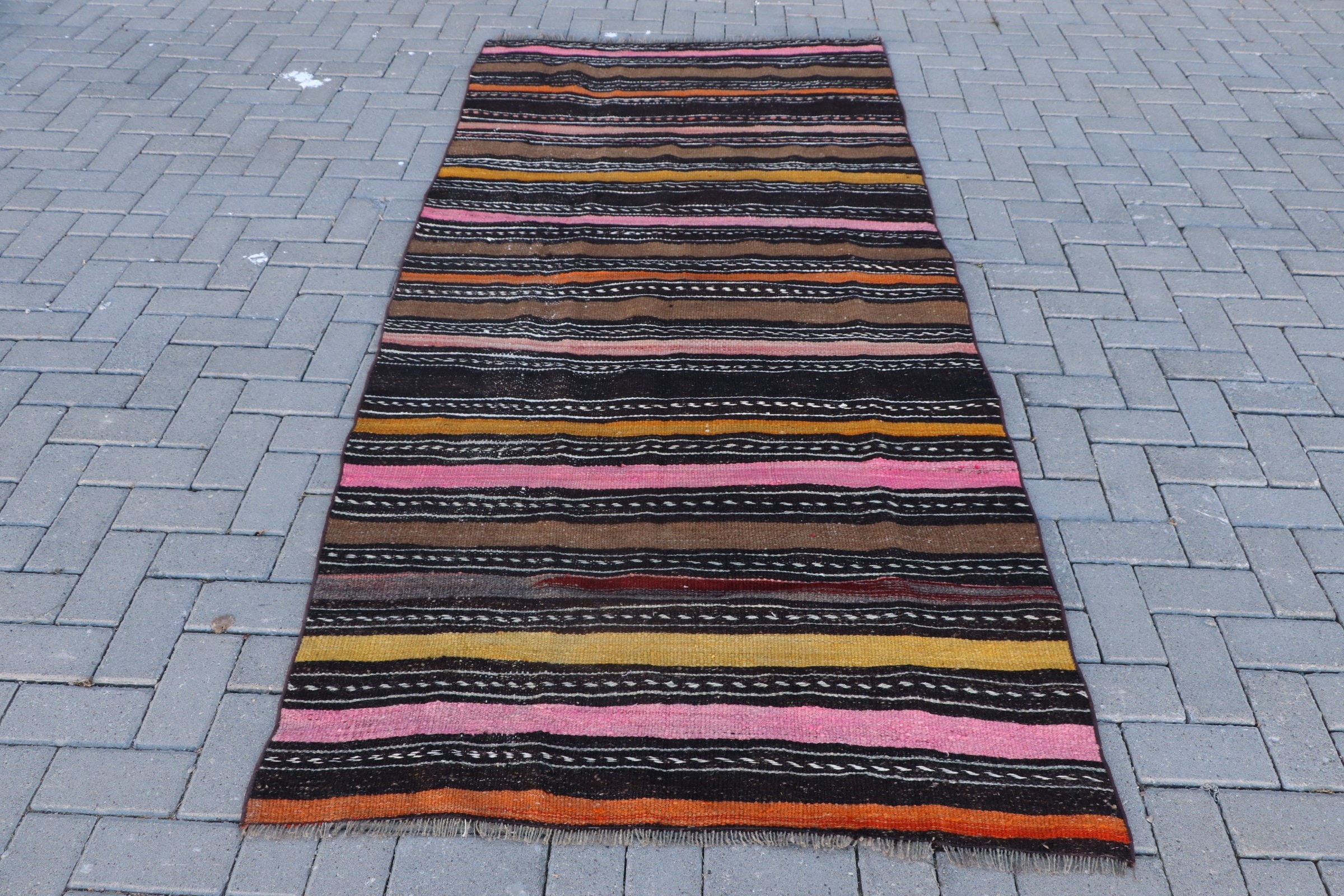 Turkish Rug, Indoor Rugs, Floor Rugs, Kilim, Oriental Rug, Retro Rug, Black  4x8.5 ft Area Rug, Vintage Rug