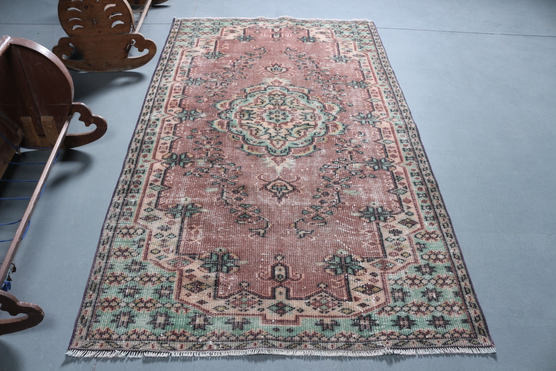 Türk Halıları, 4.5x7.7 ft Alan Halıları, Kahverengi Mutfak Halıları, Organik Halı, Antika Halı, Vintage Halı, Çocuk Odası Halıları, Çocuk Odası Halıları