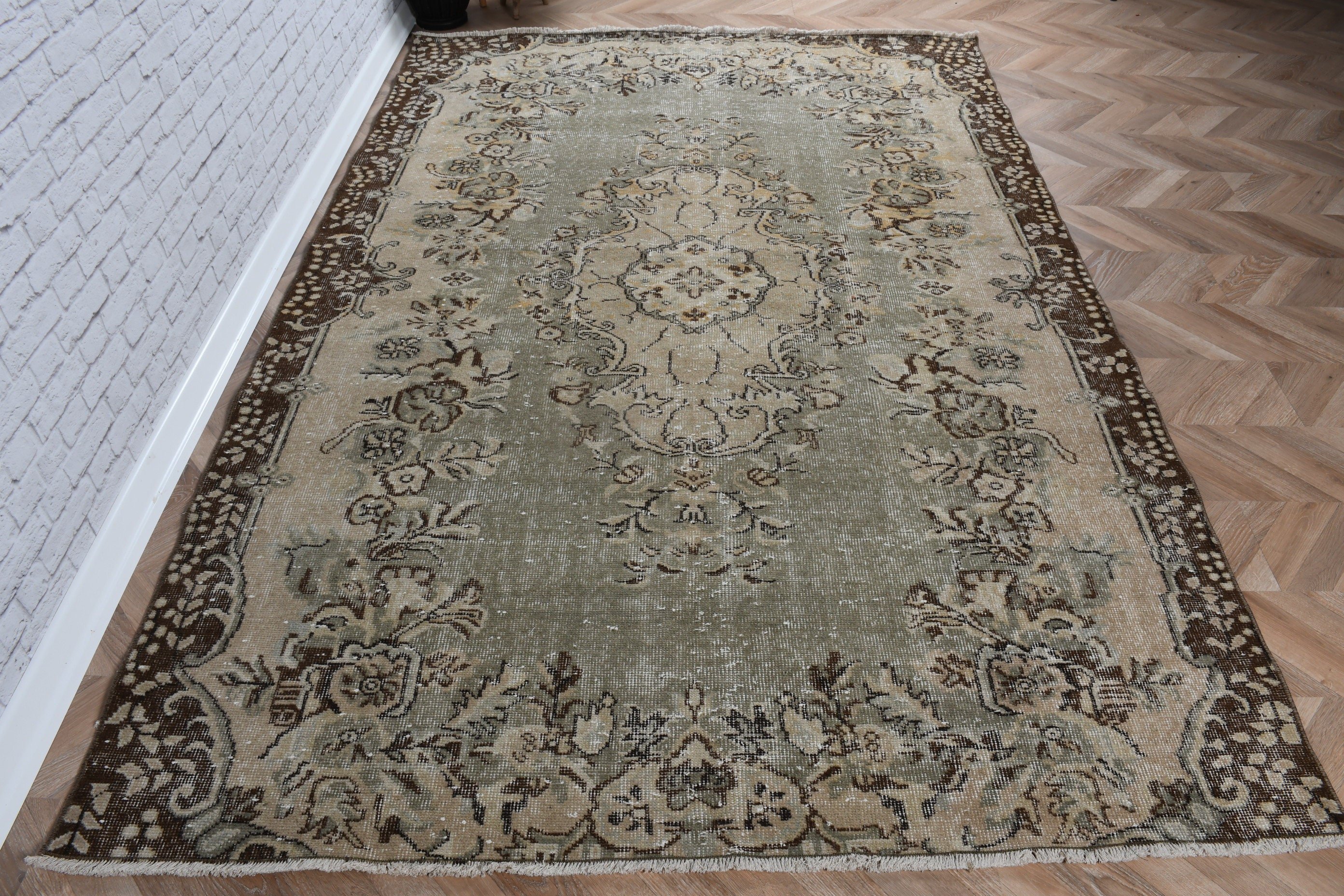 Türk Halıları, Büyük Vintage Halılar, Yeşil Anadolu Halıları, Salon Halısı, 5.4x8.3 ft Büyük Halılar, Modern Halılar, El Dokuma Halı, Vintage Halı