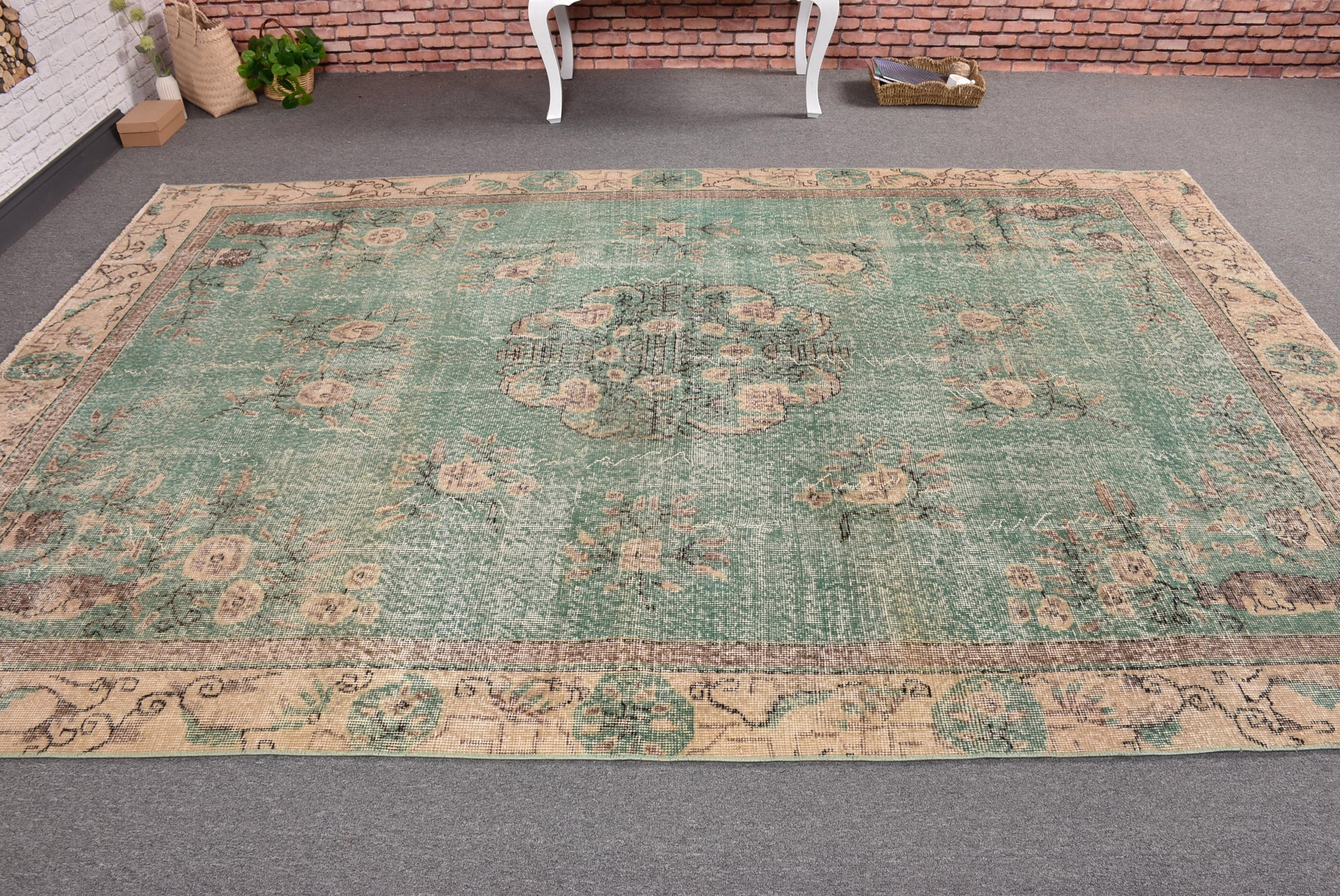 Organik Halı, Bej Soğuk Halı, 6,4x9,5 ft Büyük Halılar, Vintage Halılar, Boho Halı, Oturma Odası Halısı, Büyük Boho Halıları, Türk Halısı, Yer Halısı