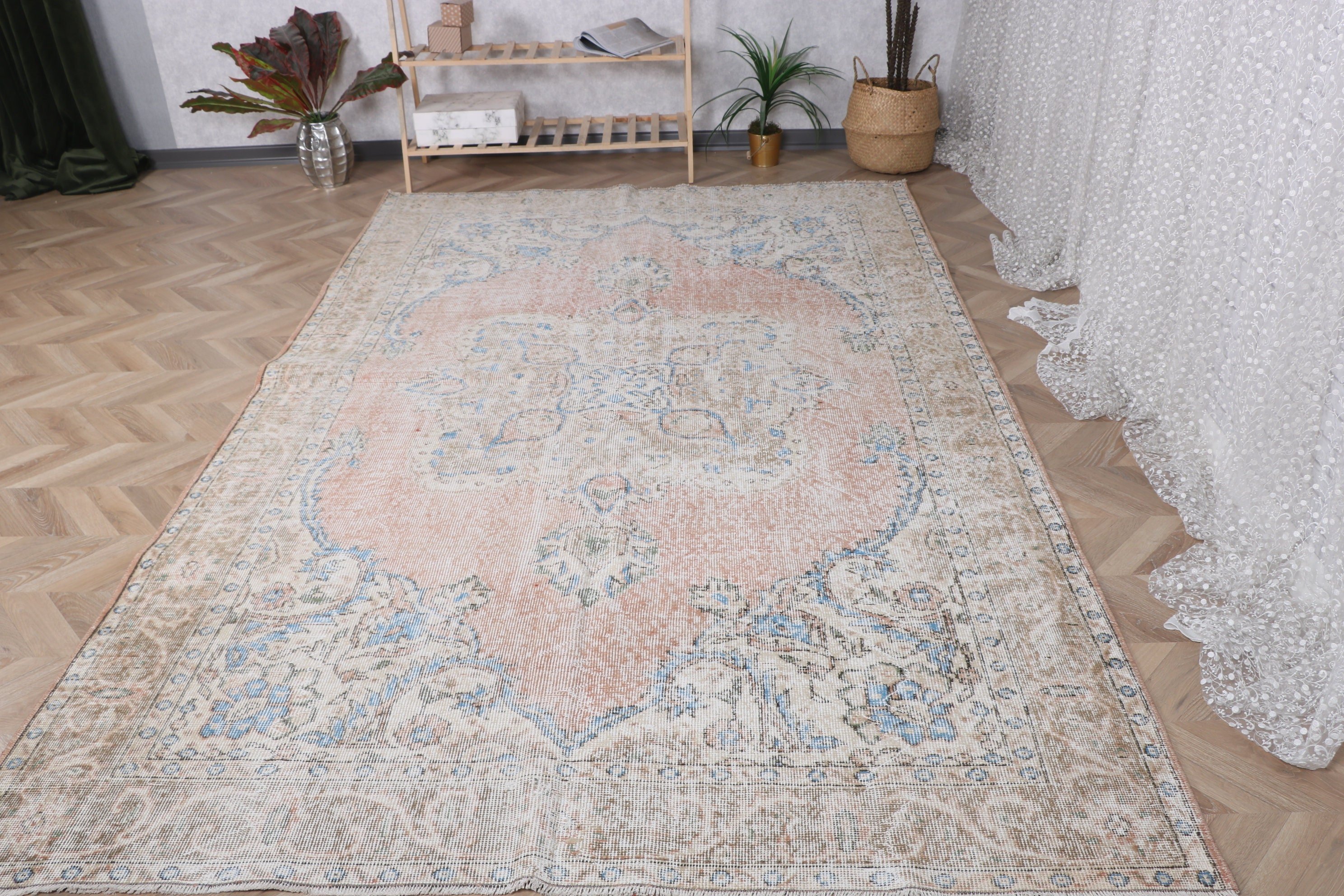 Yatak Odası Halısı, Vintage Halılar, 6x9.8 ft Büyük Halı, Yatak Odası Halıları, Türk Halısı, Oushak Halıları, Yer Halıları, Pembe Yer Halıları, Büyük Boho Halıları