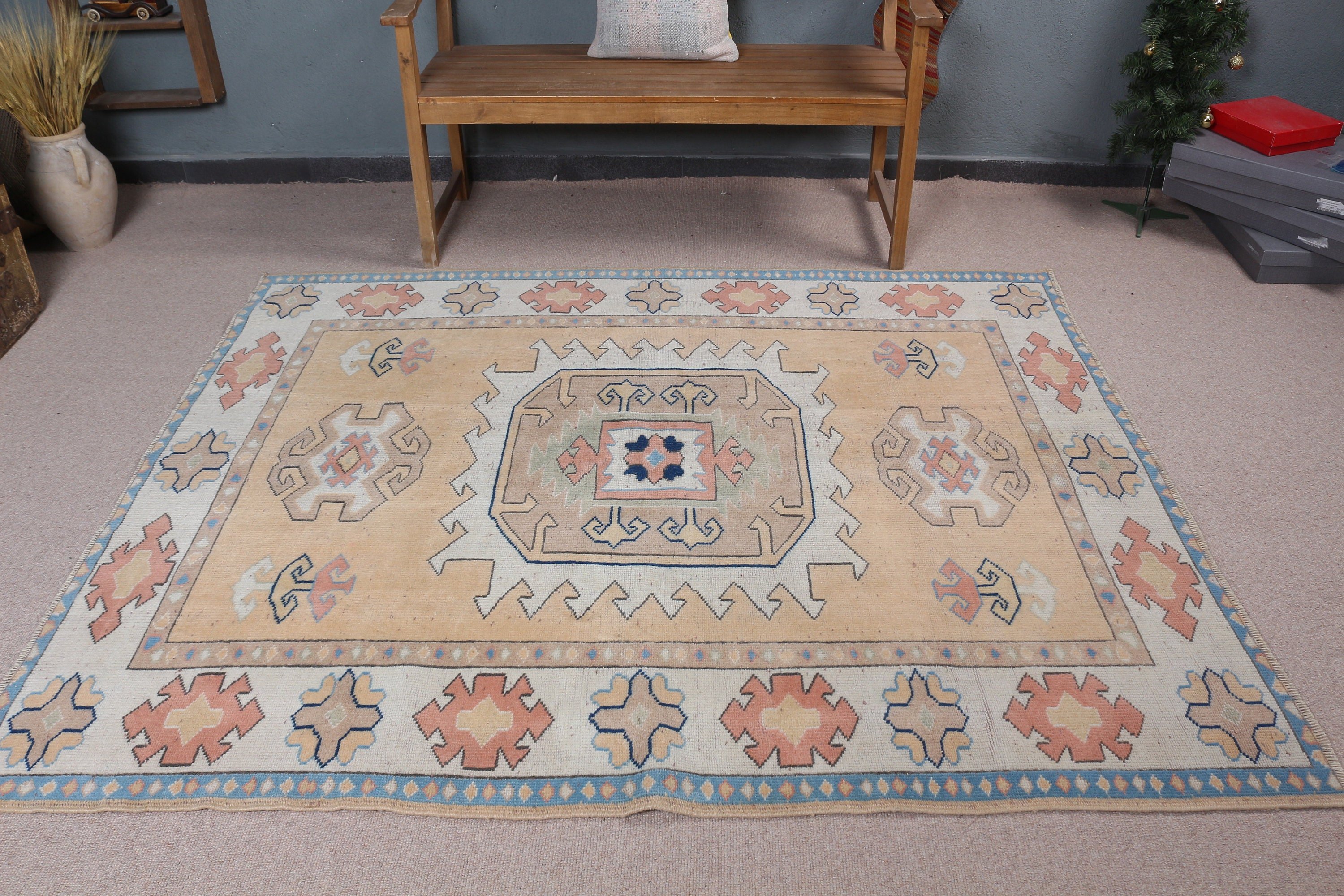 Yellow Bedroom Rugs, Vintage Rug, Floor Rugs, Cool Rug, Rugs for Bedroom, 5.4x6.5 ft Area Rug, Dining Room Rug, Oriental Rug, Turkish Rug