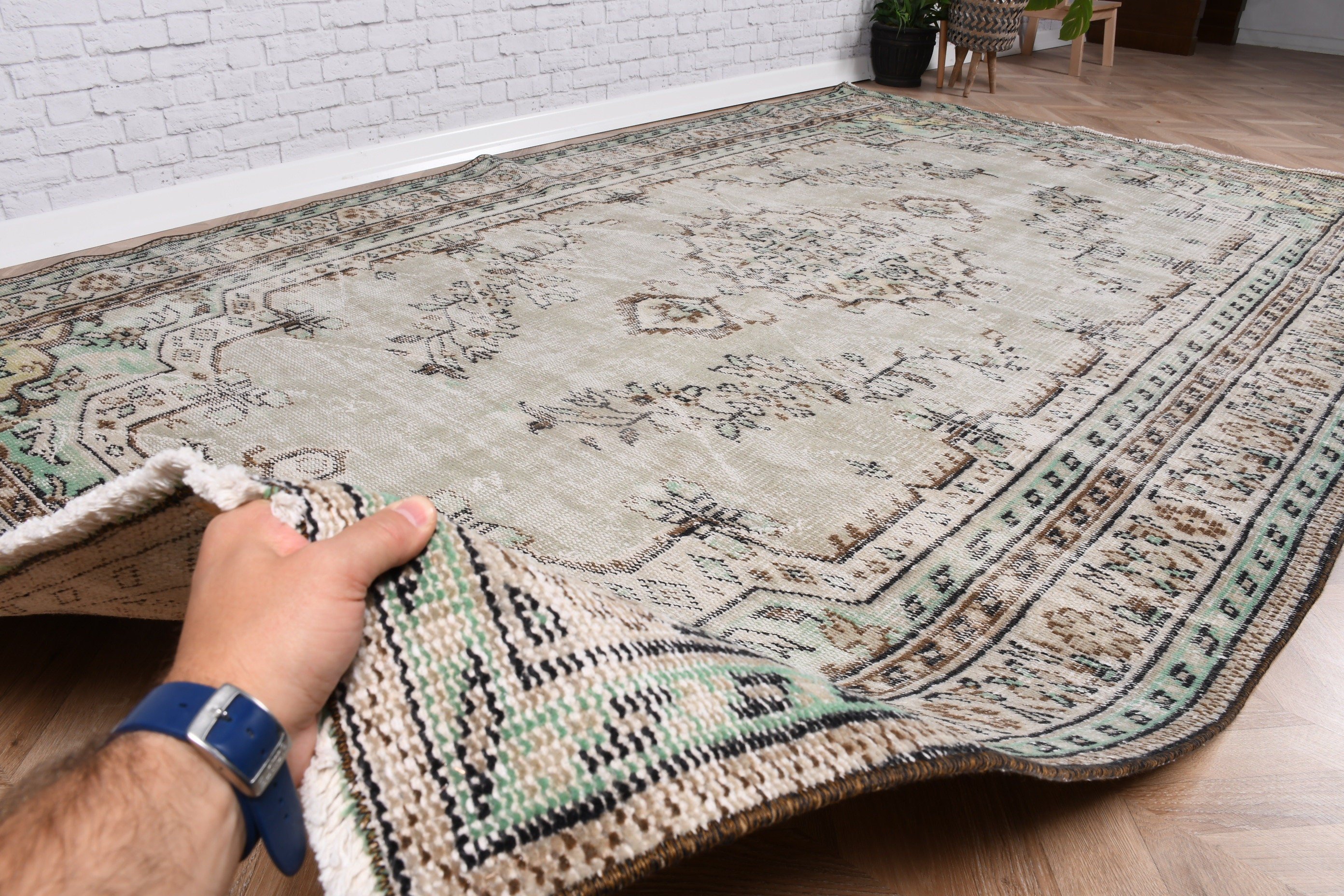 Büyük Boho Halıları, Türk Halıları, Beyaz Oushak Halısı, Oryantal Halıları, Oturma Odası Halısı, Ofis Halısı, 6x9.9 ft Büyük Halı, Oushak Halısı, Vintage Halılar