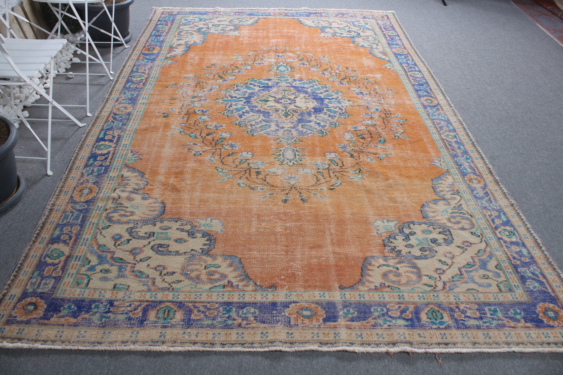 Kitchen Rug, Orange Oriental Rug, Turkish Rugs, Vintage Rug, Living Room Rugs, Antique Rug, 6.8x10.3 ft Oversize Rug, Dining Room Rug