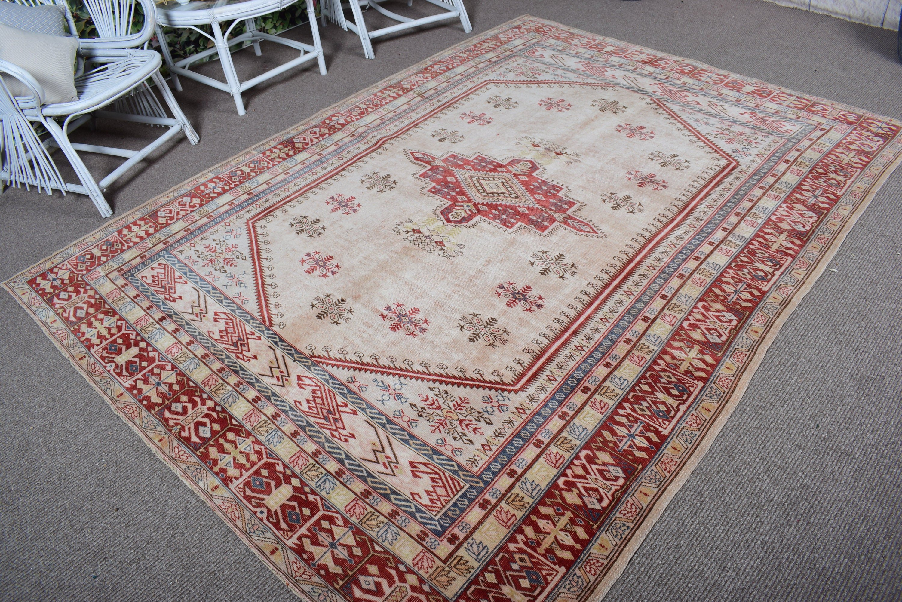 Vintage Halılar, 6.5x8.7 ft Büyük Halılar, Türk Halıları, Bej Yatak Odası Halıları, Büyük Boho Halıları, Büyük Oushak Halısı, Anadolu Halıları, Nötr Halı