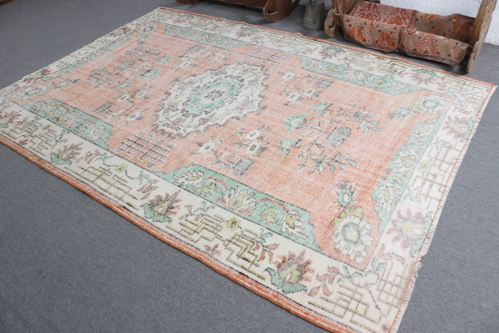 Orange Oriental Rug, 6.3x9.1 ft Large Rug, Living Room Rug, Floor Rug, Vintage Rug, Turkish Rug, Kitchen Rugs, Bright Rug, Dining Room Rug