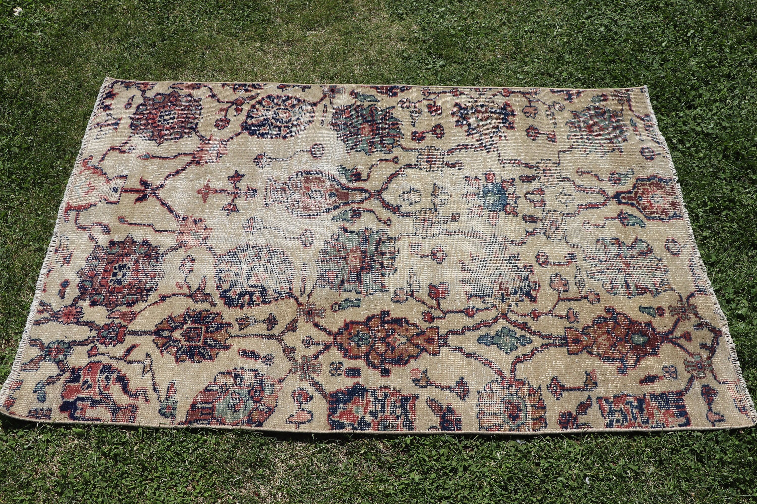 Estetik Halı, Banyo Halıları, Antika Halı, Türk Halıları, Bej Oushak Halı, Duvara Asılı Halılar, 3x4.6 ft Küçük Halı, Boho Halı, Vintage Halılar