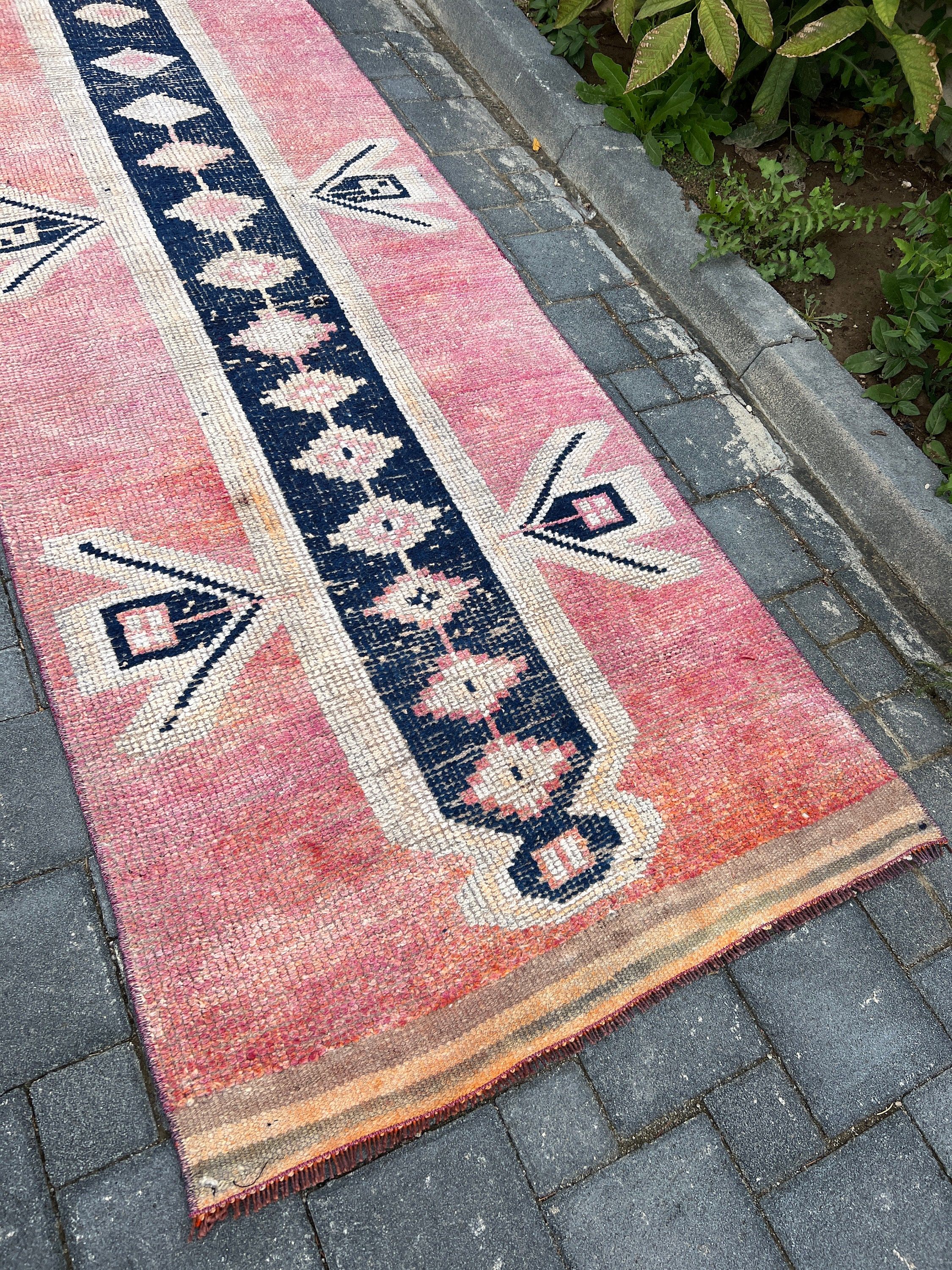 Pembe Ev Dekor Halısı, Göçebe Halısı, Türk Halısı, Vintage Halı, Havalı Halı, Koşucu Halıları, Merdiven Halısı, 3x10.4 ft Koşucu Halısı, Sanat Halısı, Yün Halılar