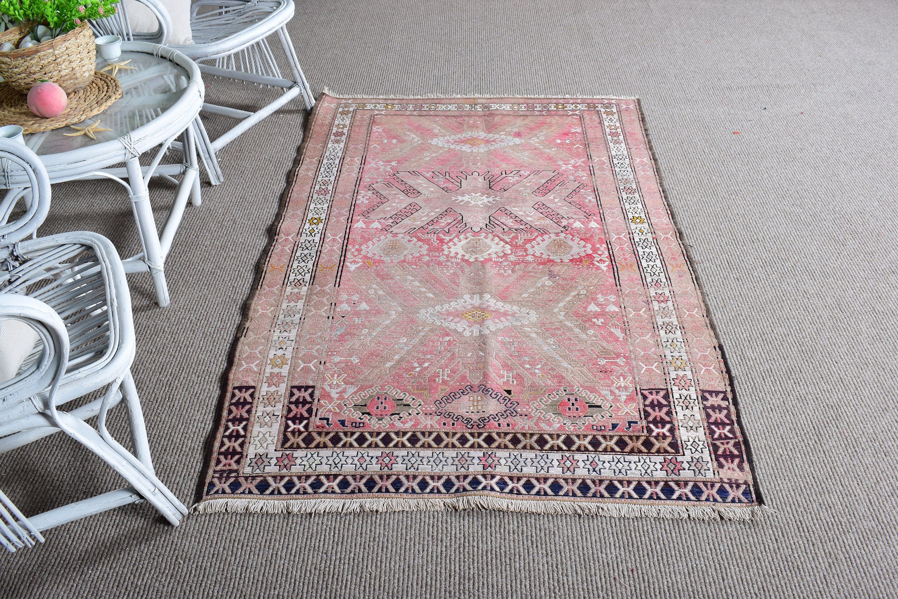 Geometrik Halı, Boho Vurgulu Halılar, Vintage Halı, Boho Vurgulu Halılar, Pembe Açıklama Halısı, Türk Halısı, El Dokuma Halı, 3,3x4,8 ft Vurgulu Halılar