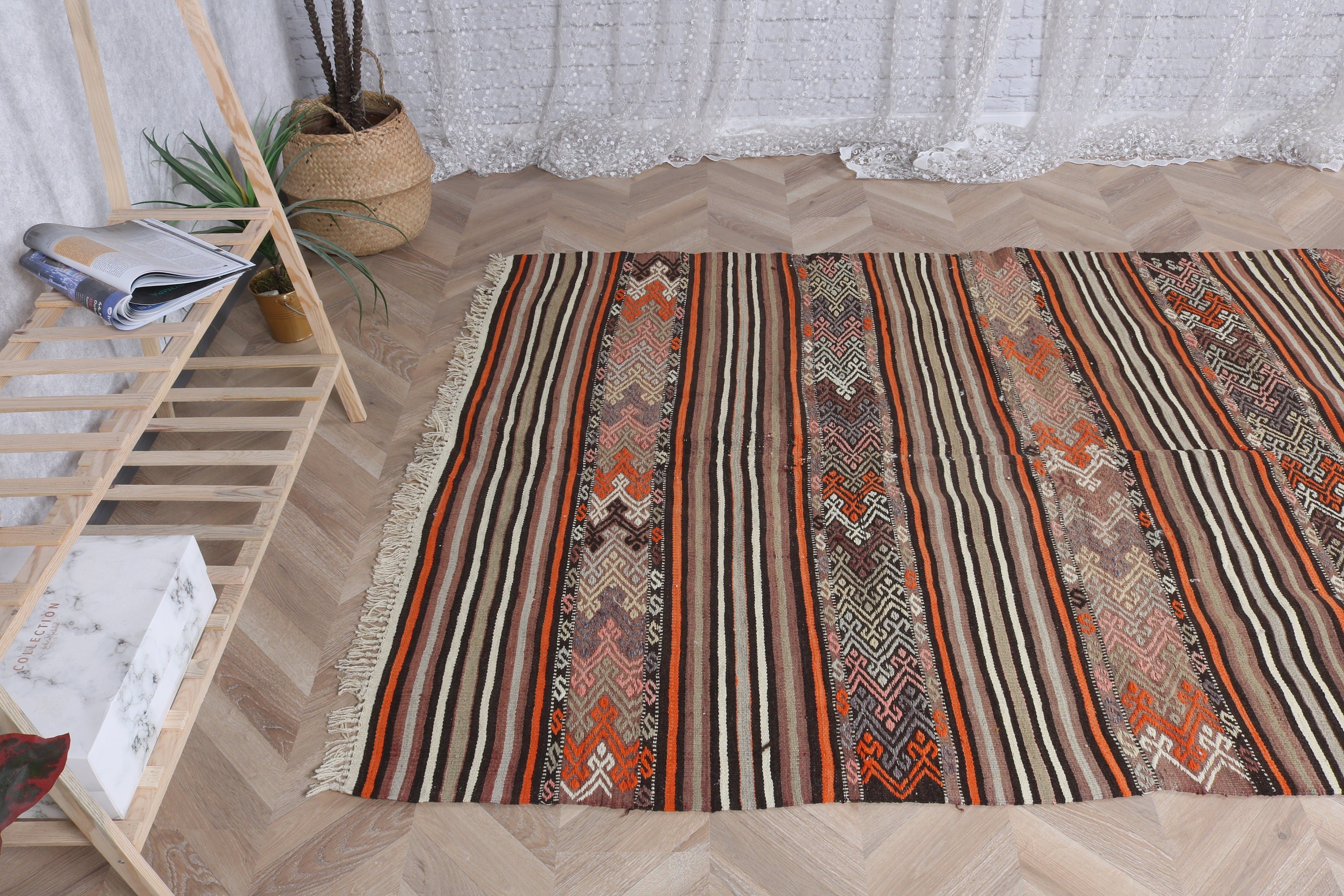 4,6x7,3 ft Alan Halıları, Oryantal Halı, Boho Alan Halısı, Boho Halıları, İç Mekan Halısı, Vintage Halılar, El Yapımı Halı, Türk Halıları, Kahverengi Oushak Halıları