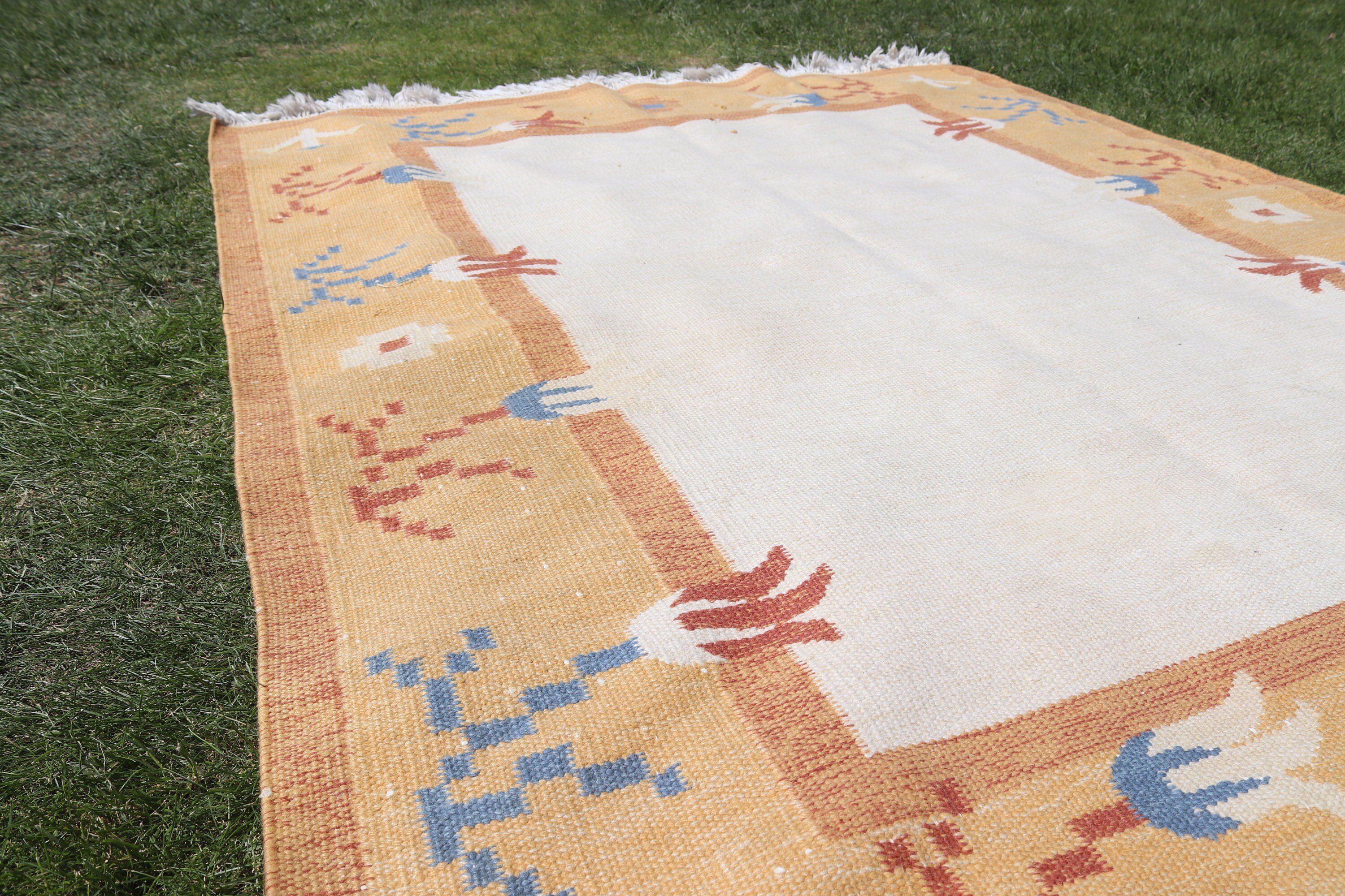 5,6x7,1 ft Alan Halısı, Kilim, Boho Alan Kilimi, Sarı Oryantal Halılar, Açıklama Halıları, Oushak Bölge Halıları, Türk Halıları, Vintage Halı