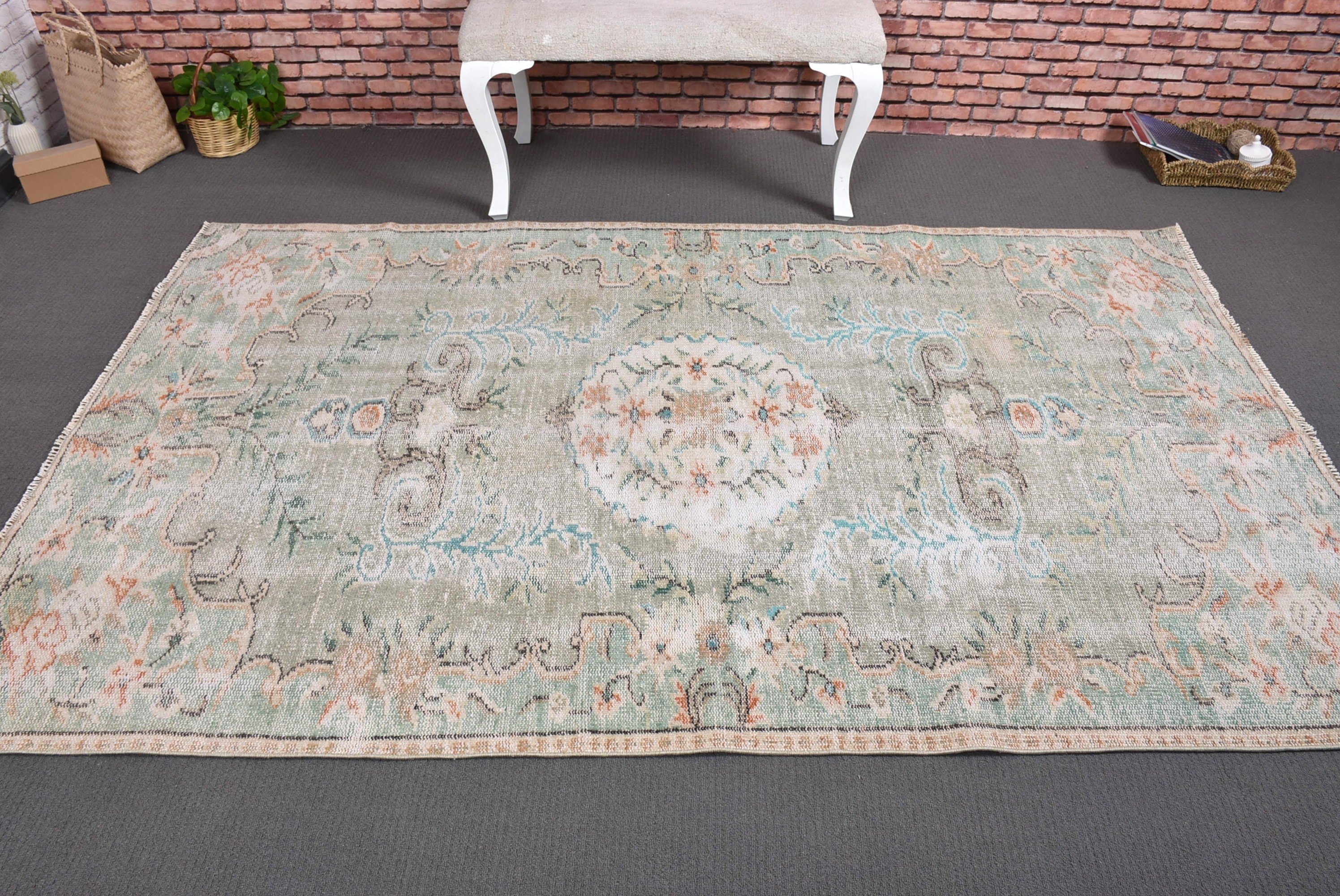 Yeşil Boho Halı, Oturma Odası Halısı, Vintage Halılar, Organik Halı, Yer Halıları, Türk Halısı, 4.7x7.6 ft Alan Halıları, El Dokuma Halılar, Modern Halılar