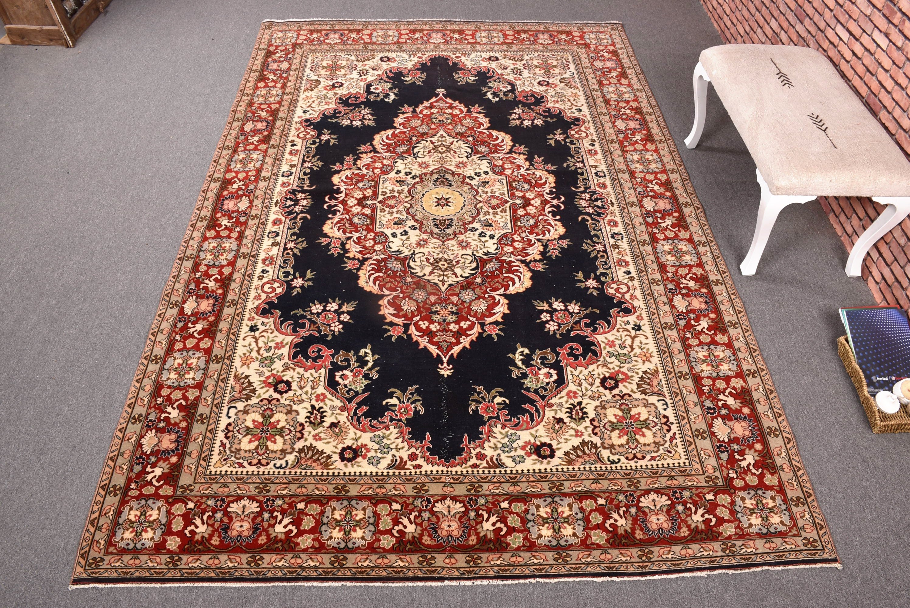 Fas Halısı, Vintage Halılar, Büyük Oushak Halısı, Mavi Yün Halısı, 6.7x10.4 ft Büyük Halısı, Ofis Halısı, Türk Halısı, Oturma Odası Halısı