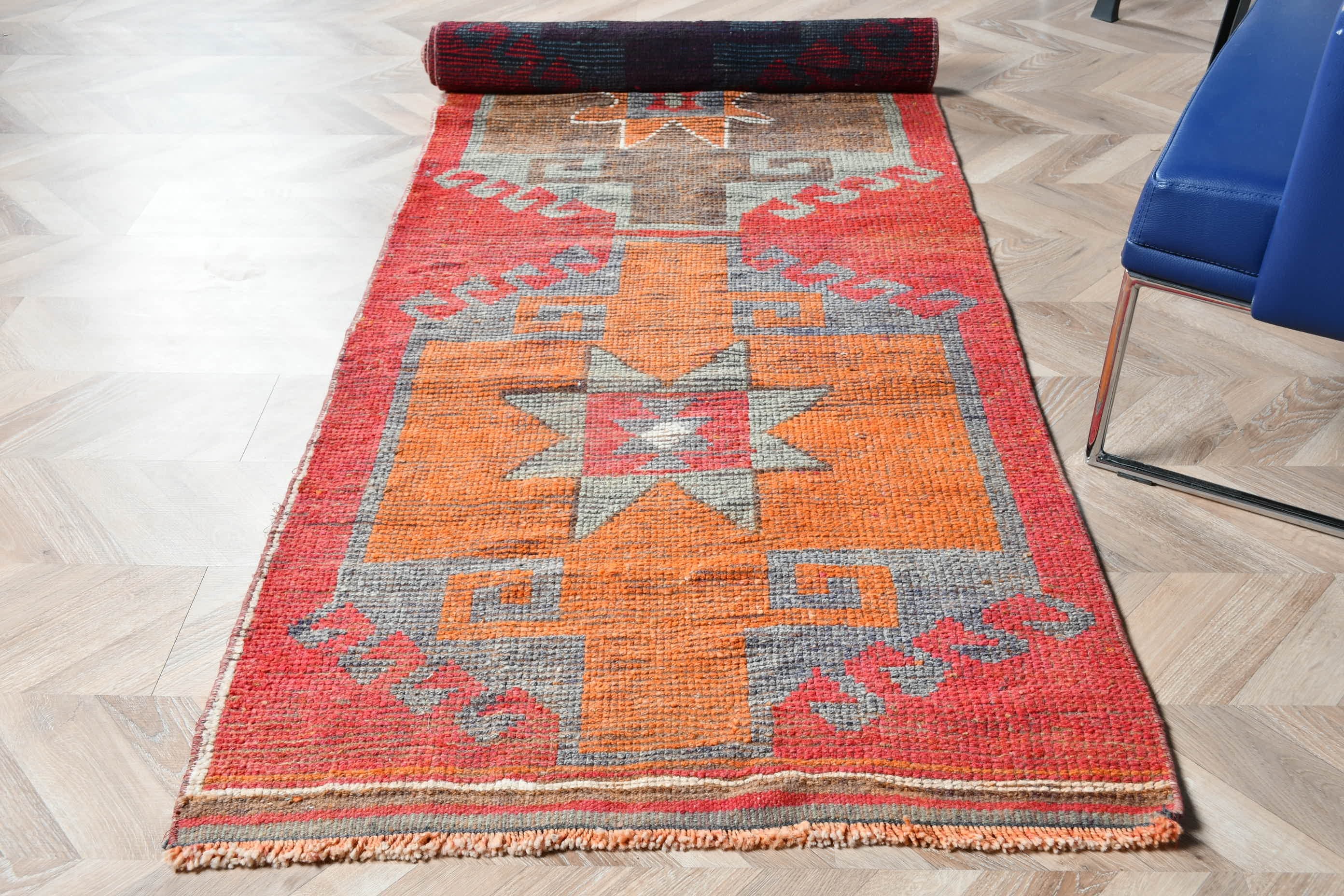 Turkish Rug, 3x11.3 ft Runner Rug, Corridor Rug, Bright Rugs, Rugs for Kitchen, Anatolian Rugs, Red Wool Rugs, Vintage Rugs, Home Decor Rug