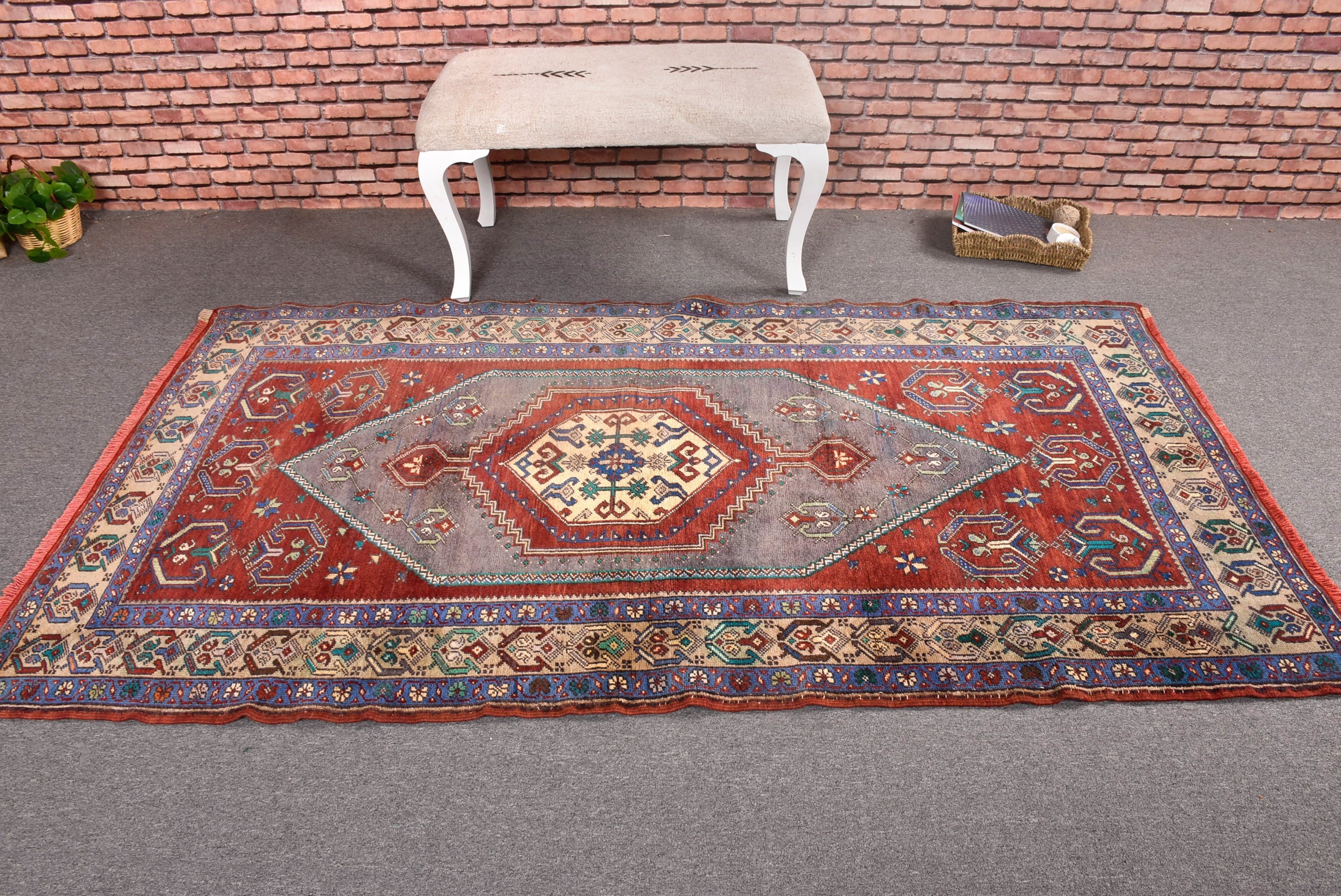 Kırmızı Oushak Halılar, Vintage Halılar, Türk Halıları, 3,9x7,4 ft Alan Halıları, Boho Halı, Boho Bölge Halıları, Etnik Halı, Mutfak Halısı, Vintage Alan Halıları