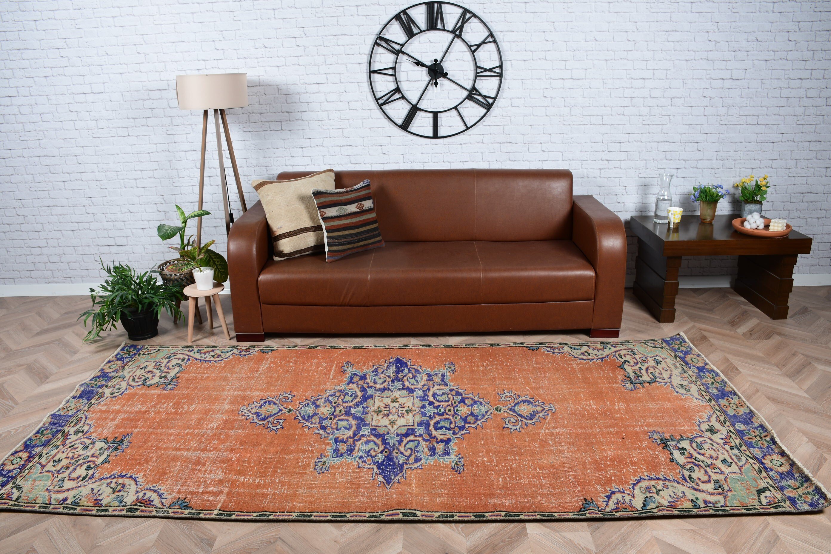 Turkish Rug, Designer Rug, Orange Moroccan Rug, Salon Rug, Vintage Rug, Kitchen Rugs, Living Room Rug, Anatolian Rug, 4.4x9.5 ft Large Rug