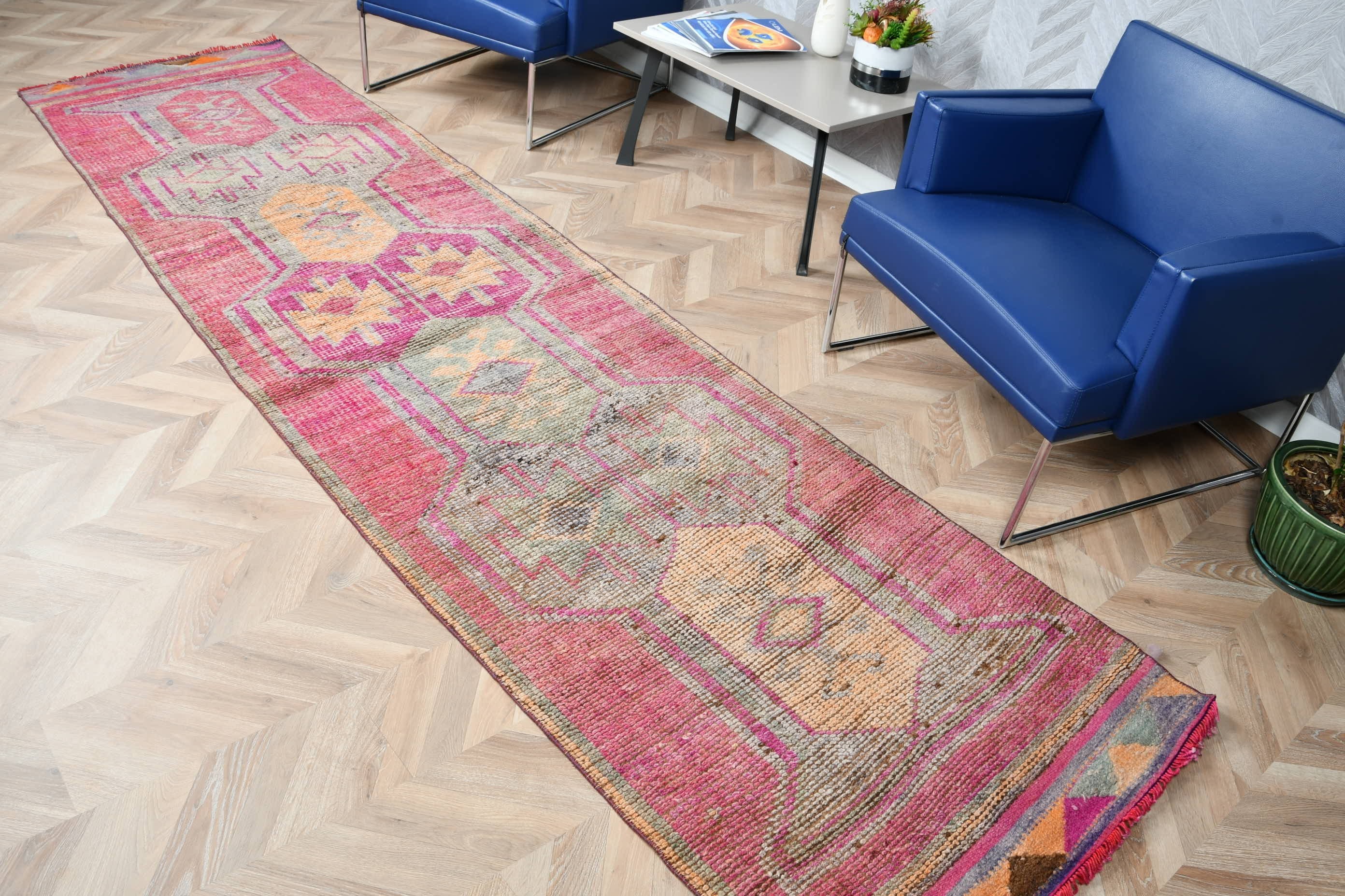 Vintage Rug, Bohemian Rugs, Turkish Rugs, Hallway Rug, Pink Floor Rug, 2.9x11.7 ft Runner Rugs, Rugs for Hallway, Wool Rug, Antique Rug