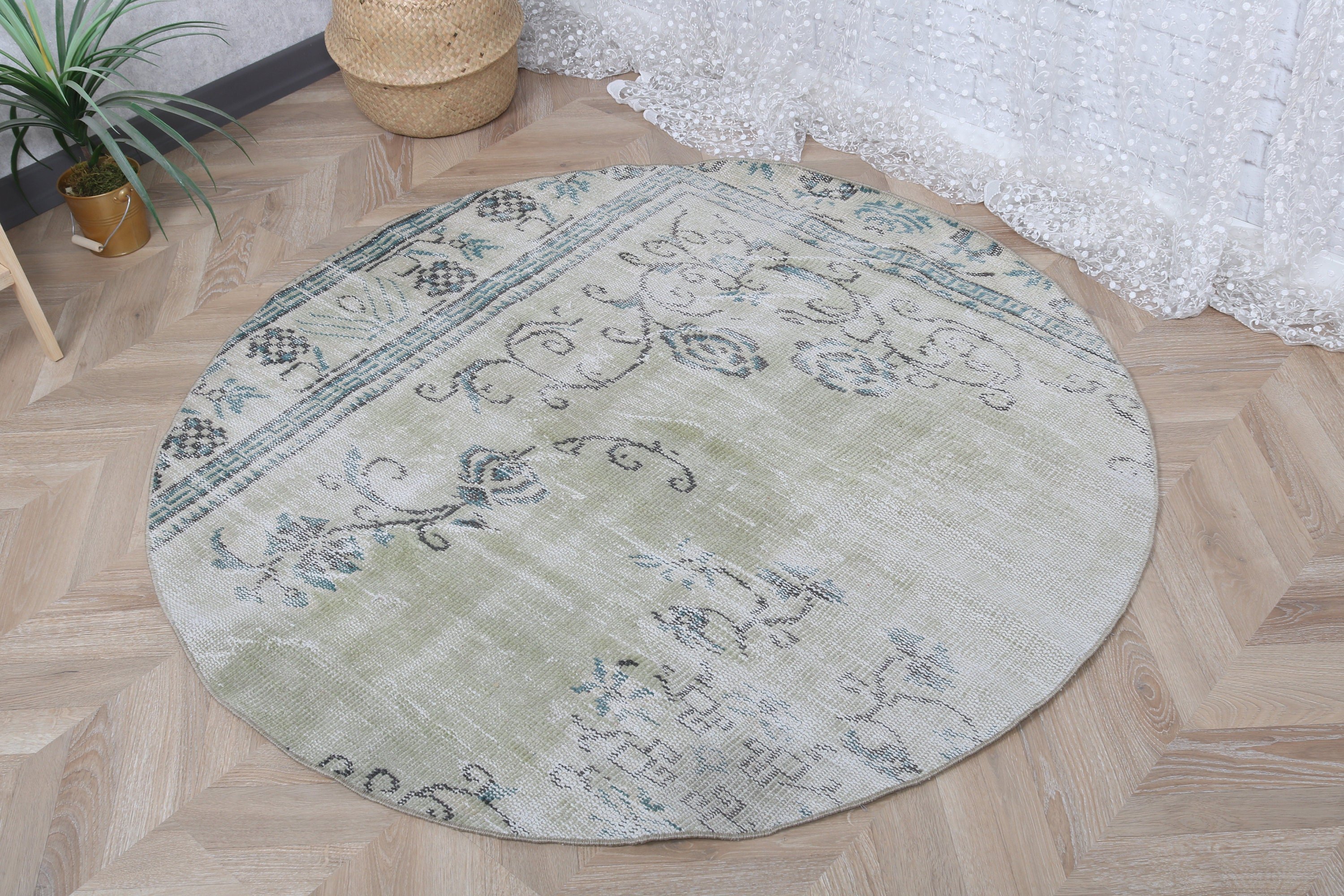 Wool Rugs, Decorative Rugs, Green Floor Rug, Vintage Rugs, Turkish Rug, Bedroom Rug, 4.4x4.4 ft Accent Rugs, Neutral Rug, Rugs for Bedroom