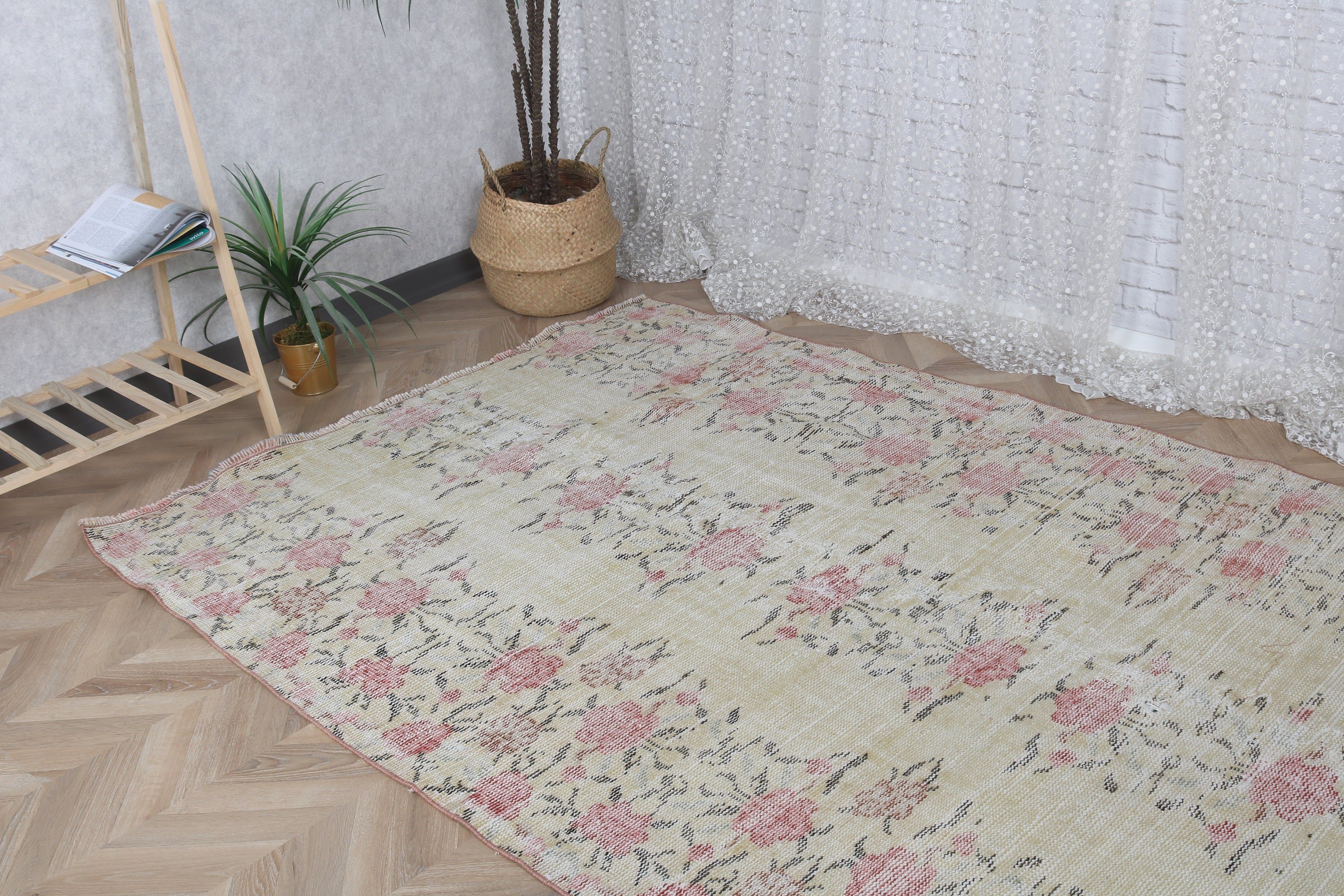 Sarı Antika Halılar, Yatak Odası Halıları, Türk Halıları, Vintage Halı, Boho Halısı, Fas Halısı, 4.8x8 ft Alan Halısı, Yer Halıları, Yemek Odası Halıları